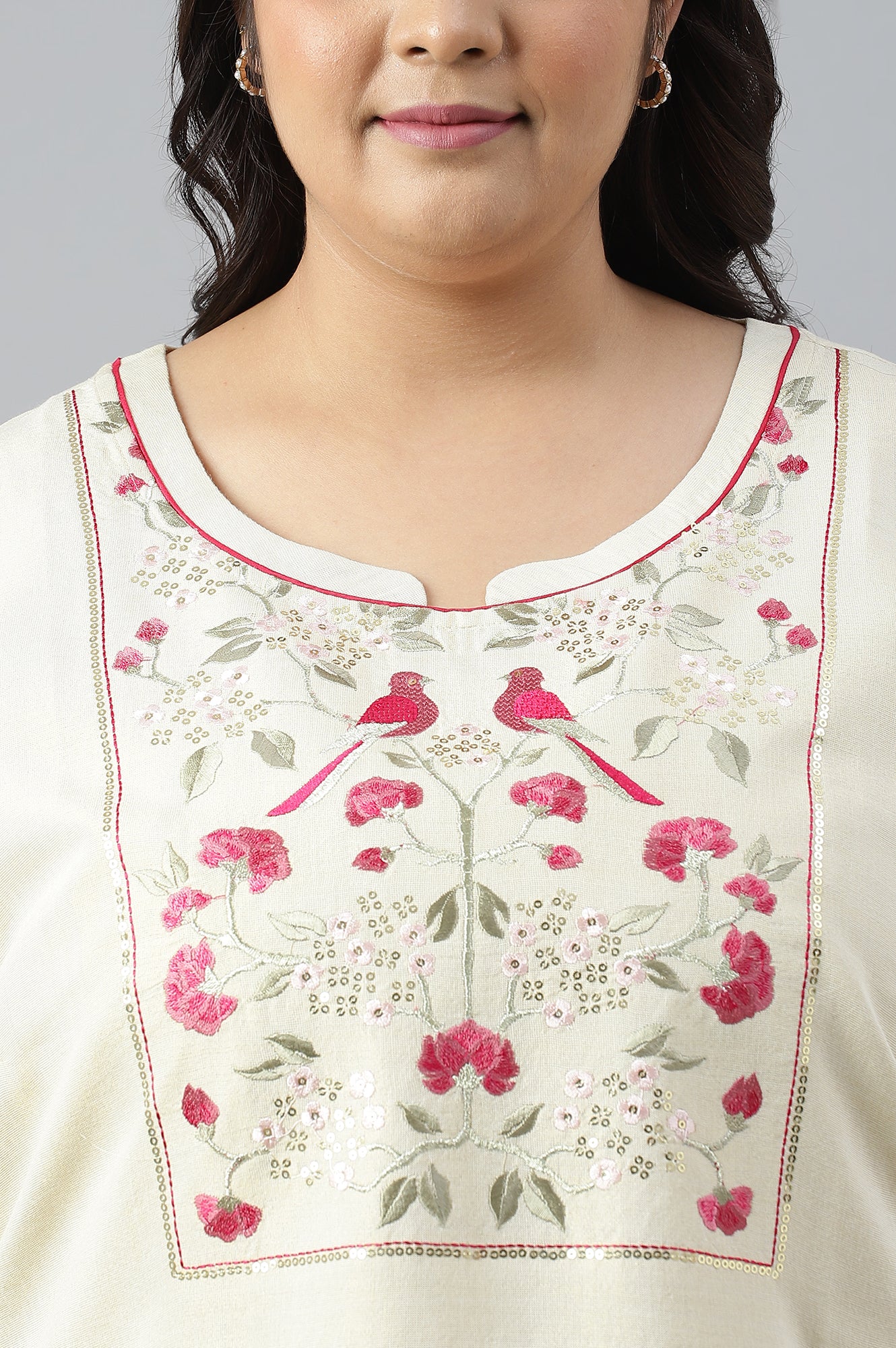 Off White Zari Embroidered Cotton Dobby Plus Size kurta - Image 5