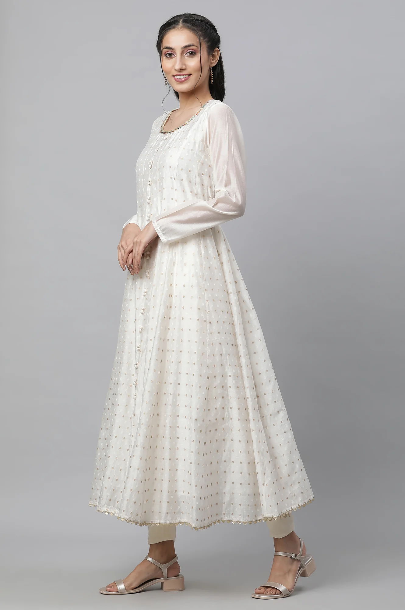 Off-Whote Embellished Flared Kurta, Tights and Jaquard Dupatta - Image 3