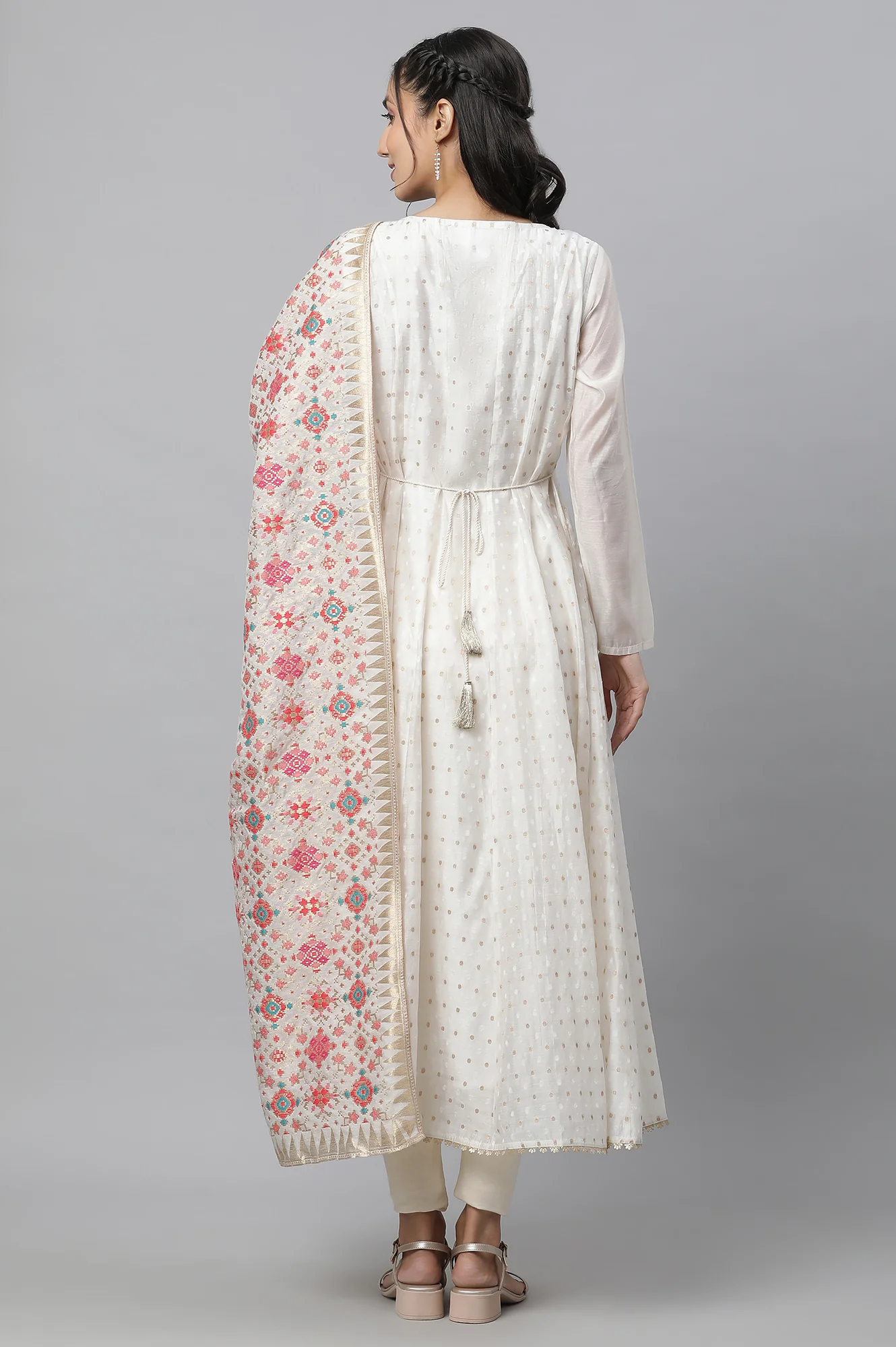 Off-Whote Embellished Flared Kurta, Tights and Jaquard Dupatta - Image 4