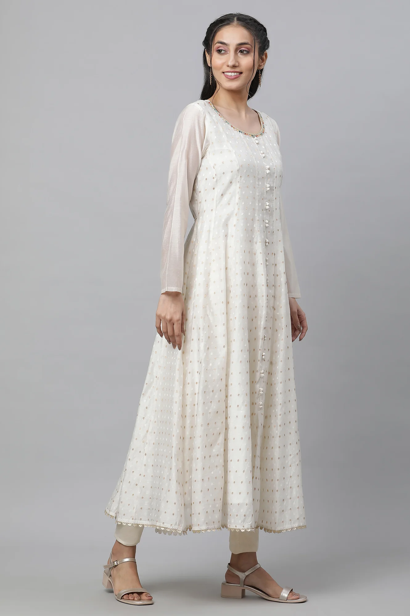 Off-Whote Embellished Flared Kurta, Tights and Jaquard Dupatta - Image 5