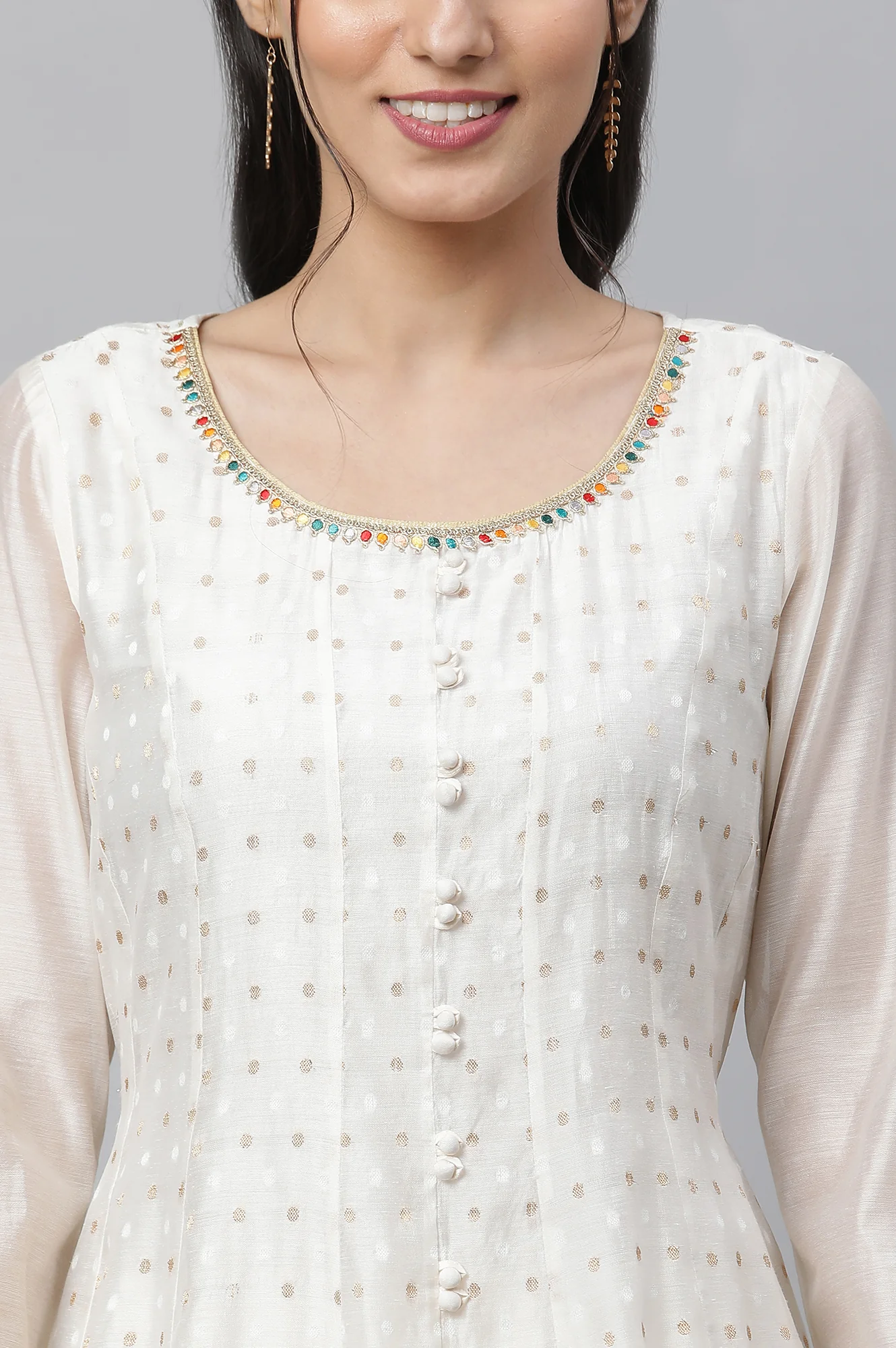 Off-Whote Embellished Flared Kurta, Tights and Jaquard Dupatta - Image 6