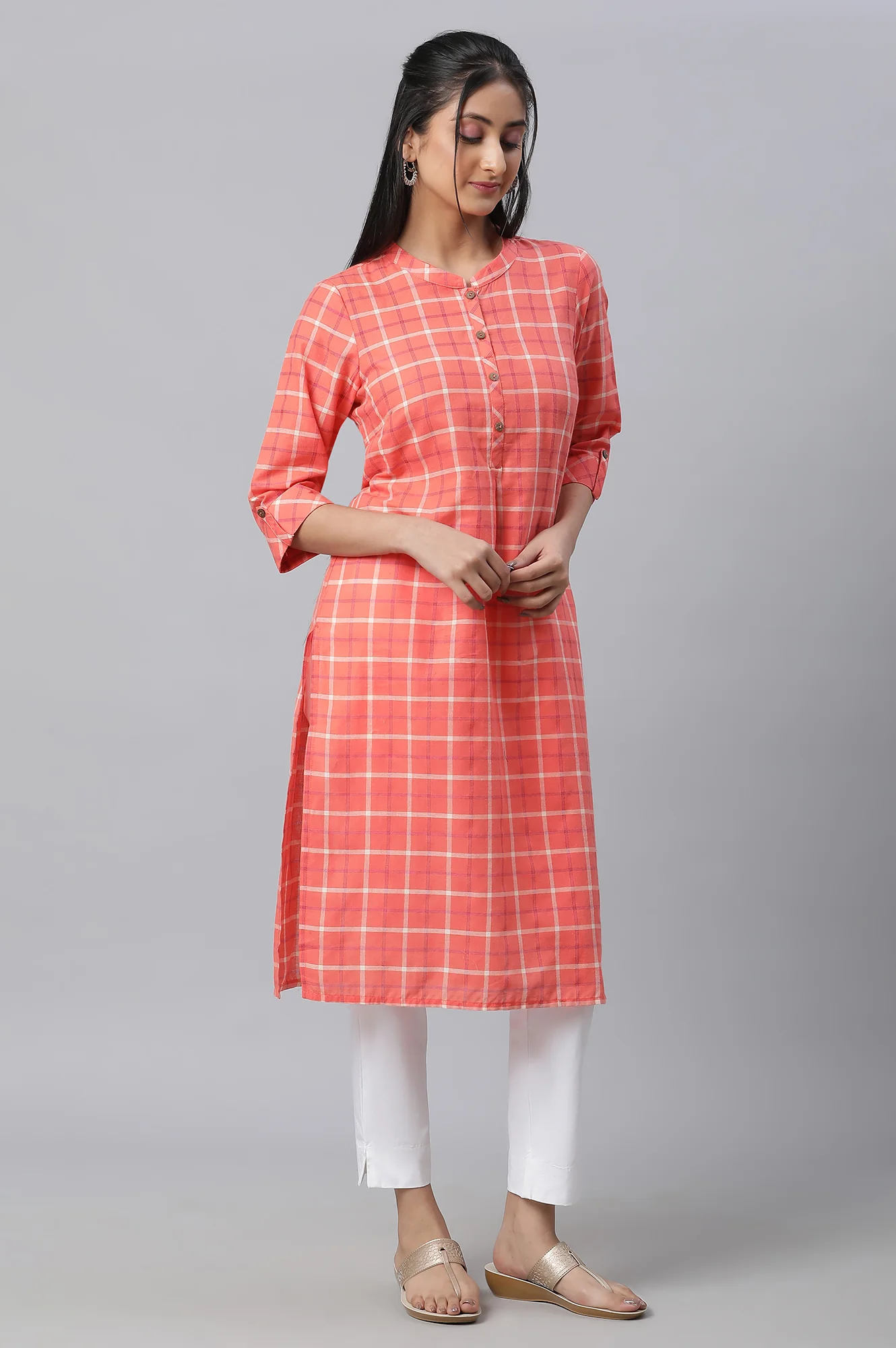 Orange Checkered Casual kurta - Image 3