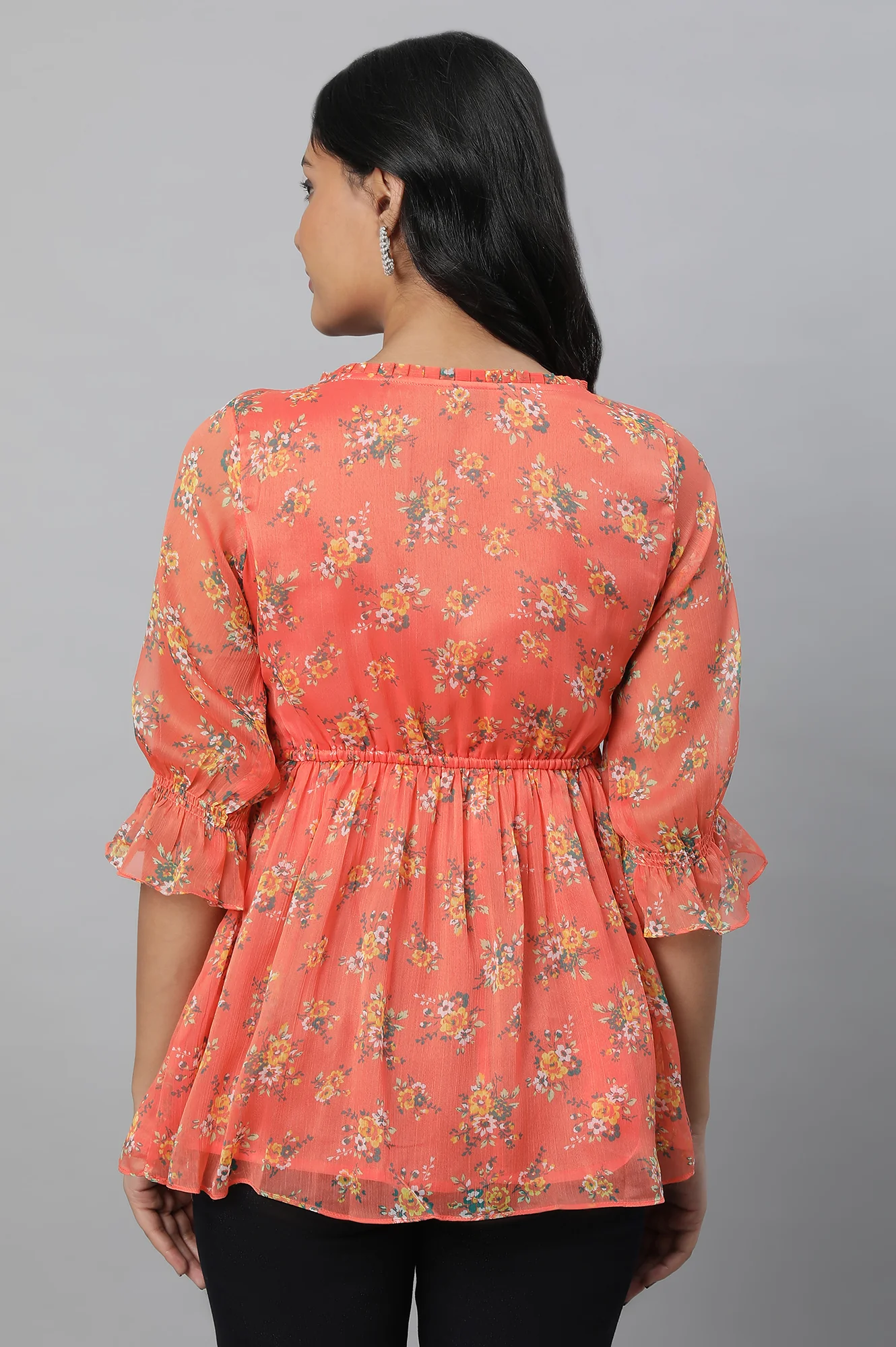 Orange Chiffon Floral Print Short kurta - Image 2