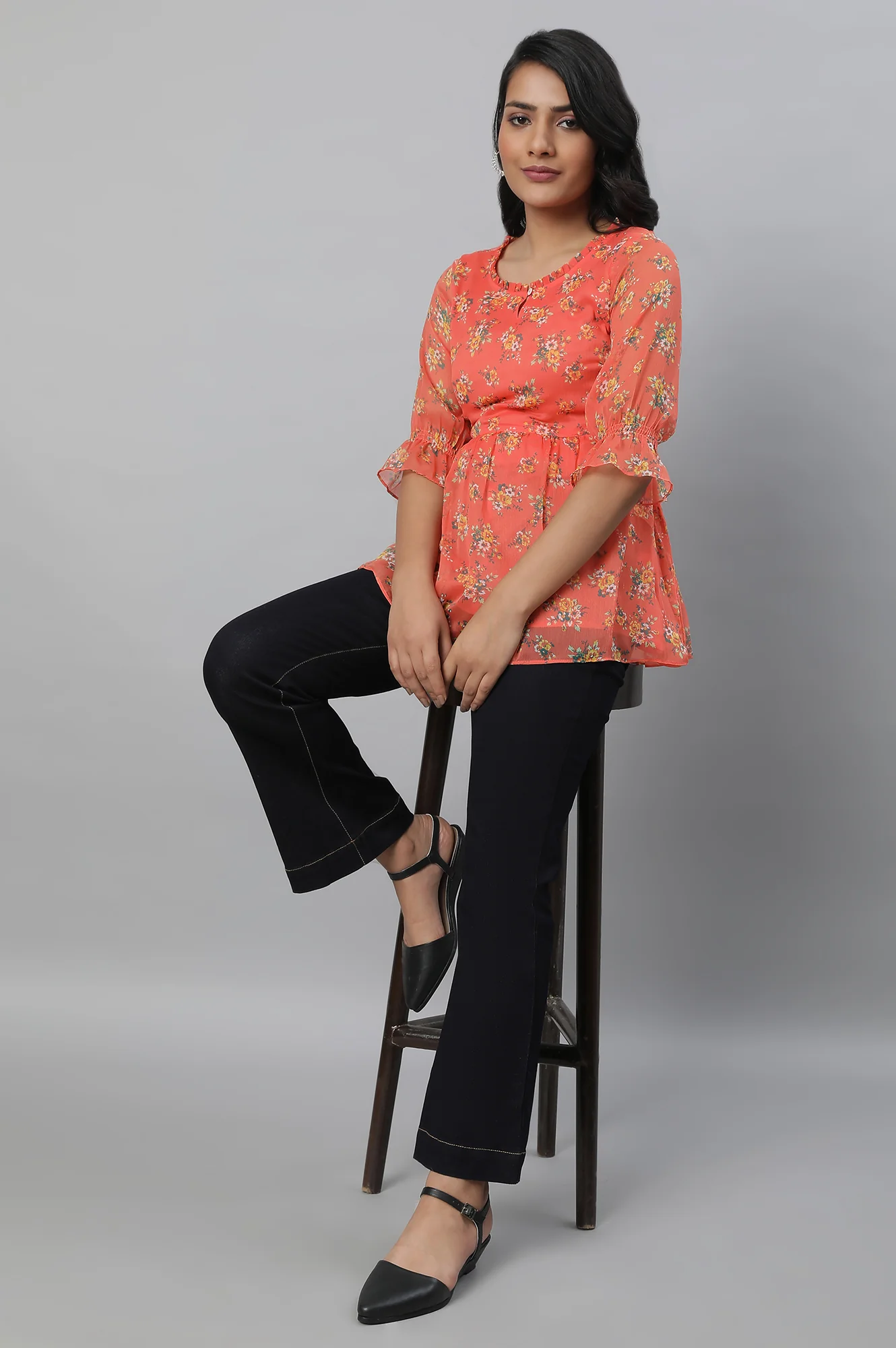 Orange Chiffon Floral Print Short kurta - Image 5