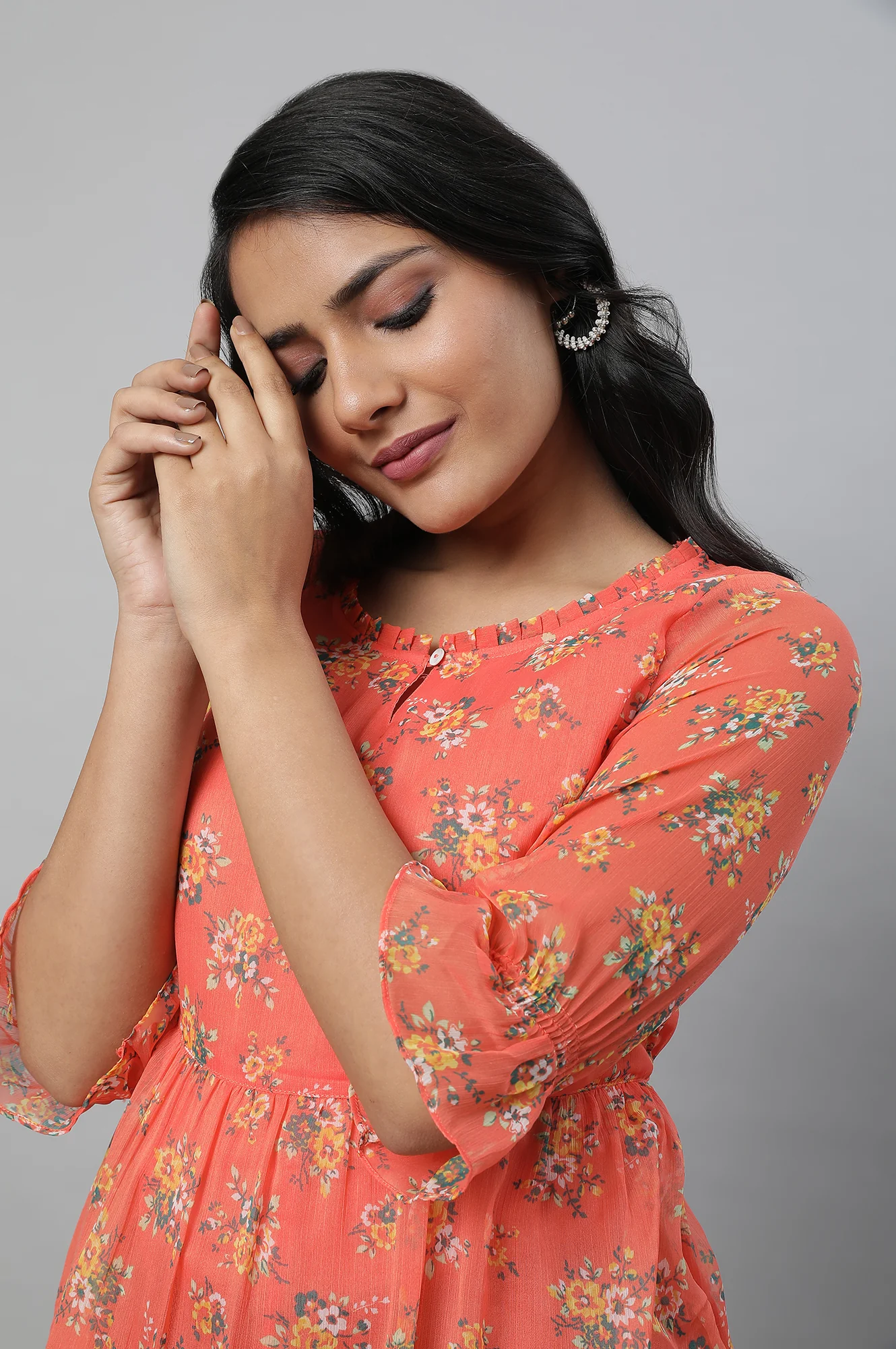 Orange Chiffon Floral Print Short kurta - Image 6