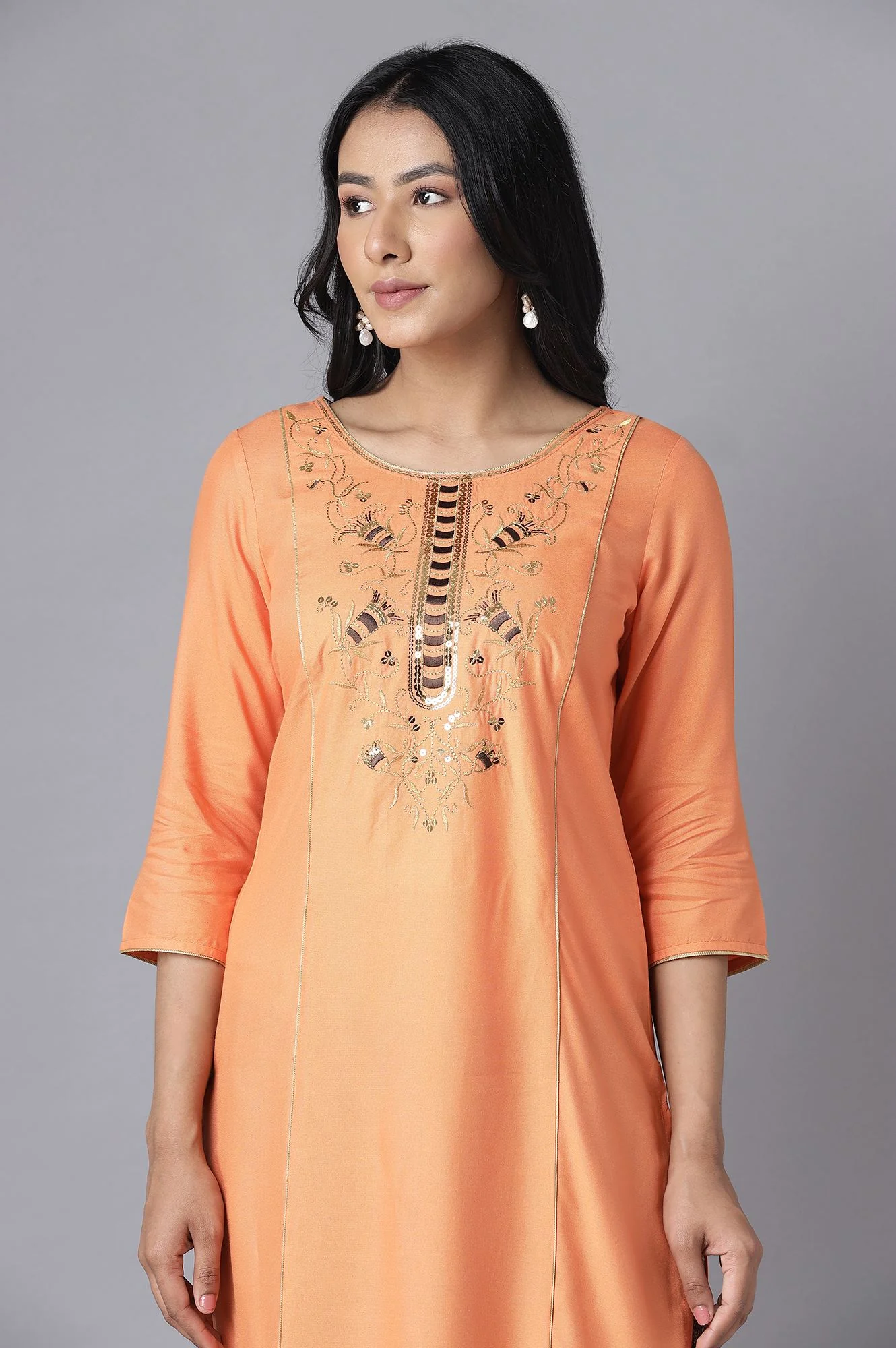 Orange Embroidered kurta-Brown Culottes - Image 5