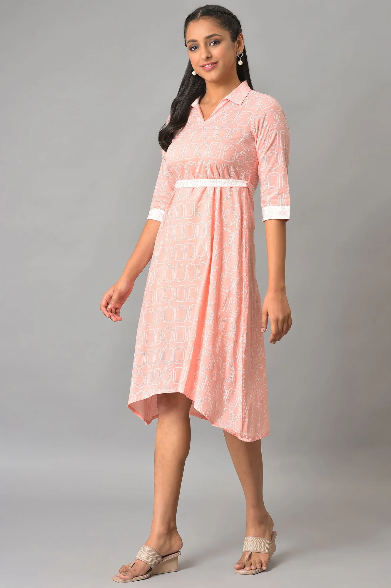 Orange Floral Printed Cotton Dress With Belt - Image 3