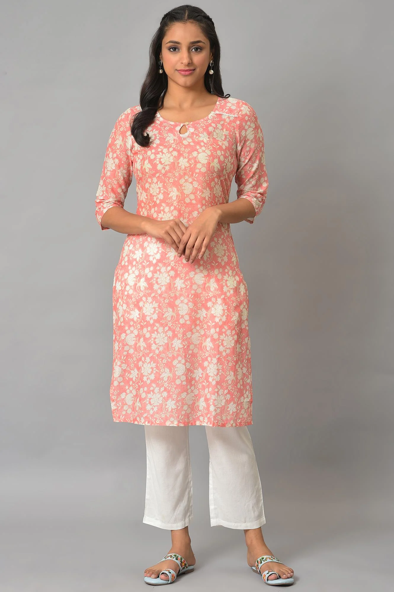 Orange Floral Printed Cotton kurta - Image 2
