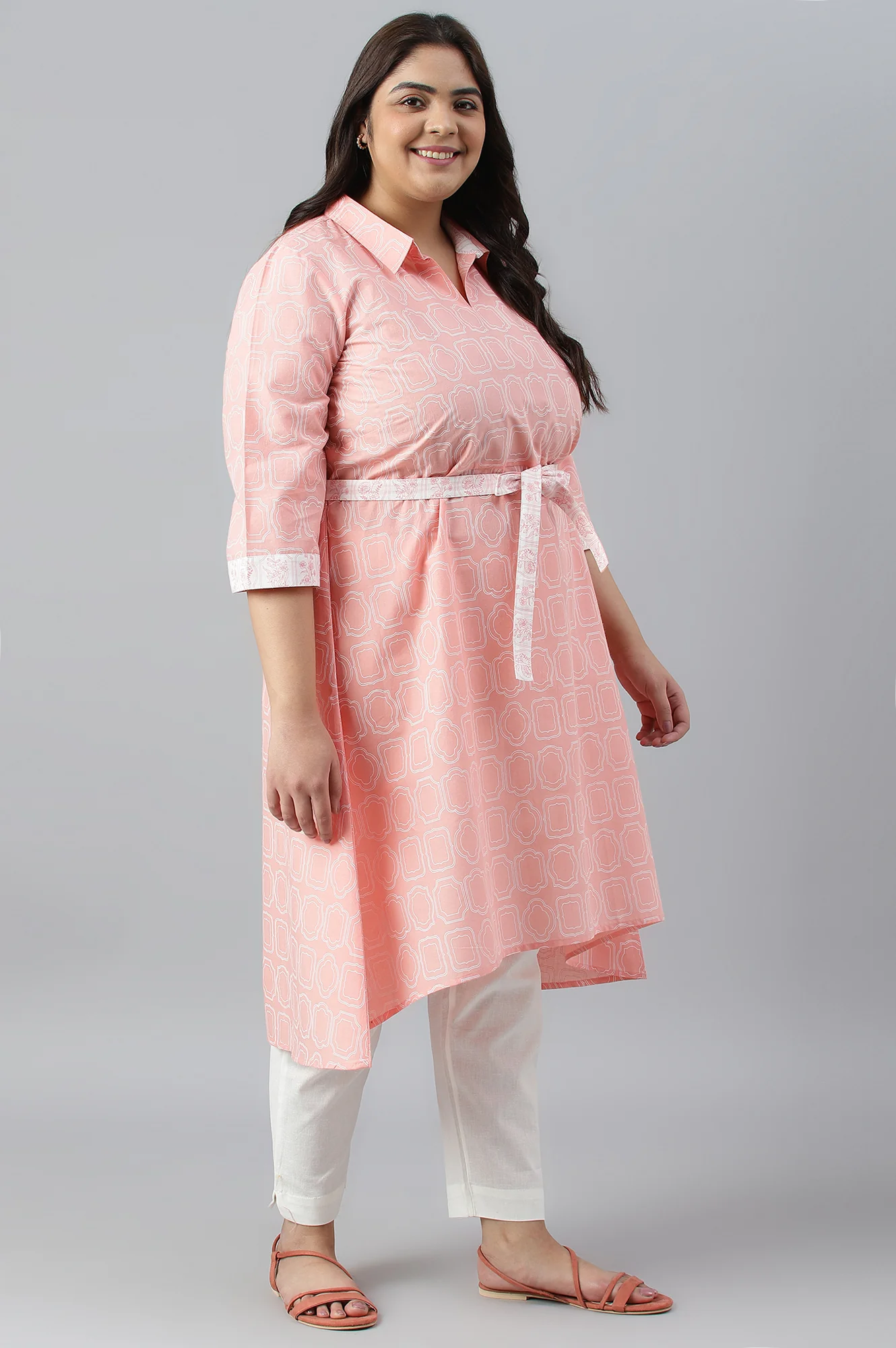 Orange Floral Printed Cotton Plus Size Dress With Belt - Image 3