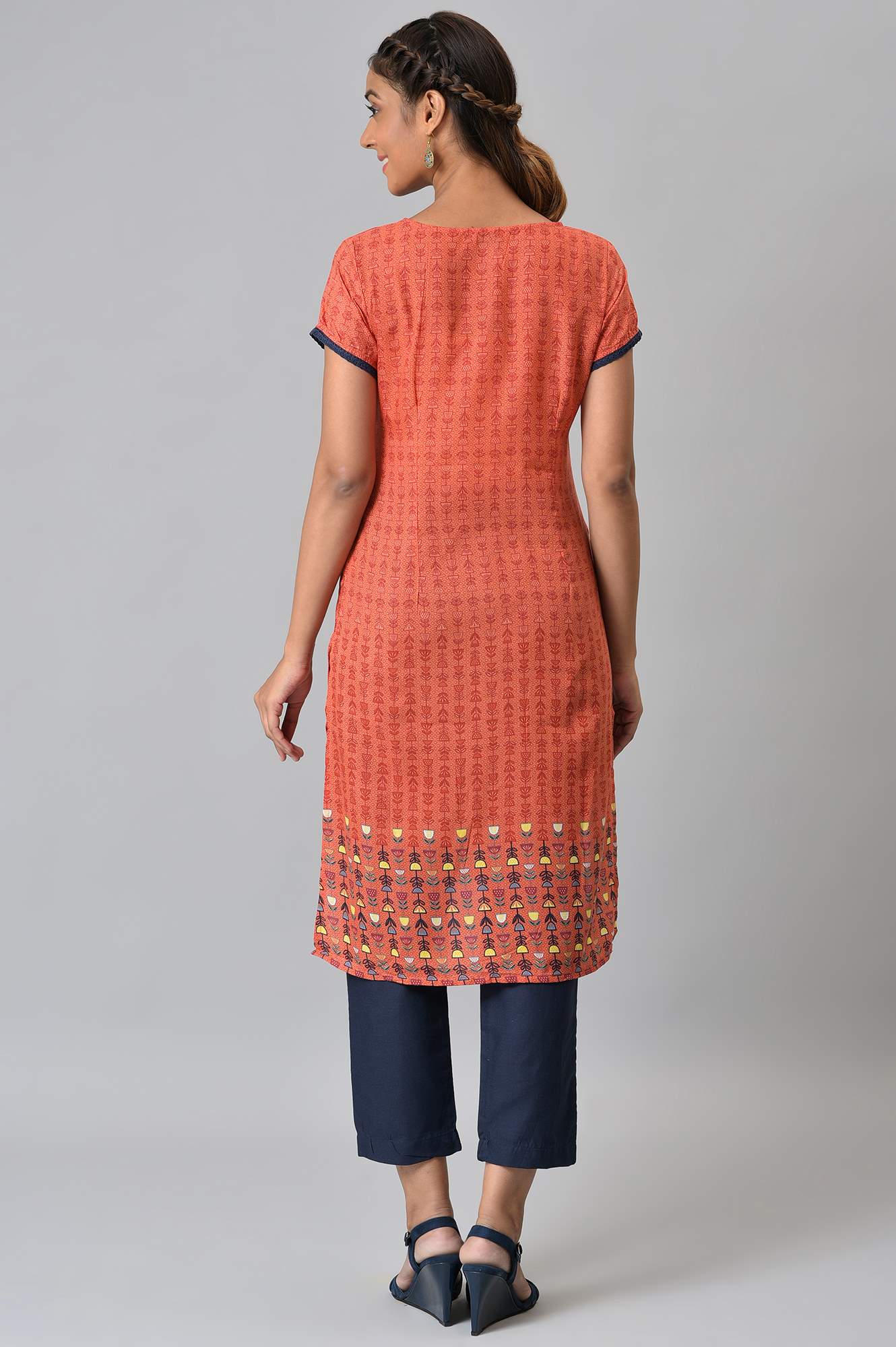 Orange Floral Printed High-Low kurta With Blue Trousers - Image 2