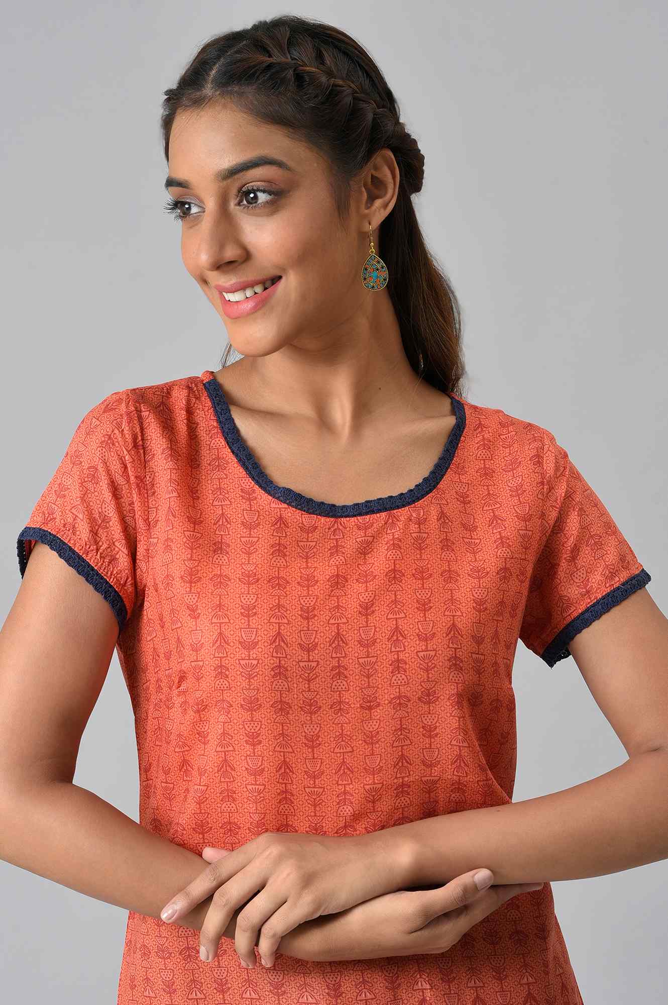 Orange Floral Printed High-Low kurta With Blue Trousers - Image 6