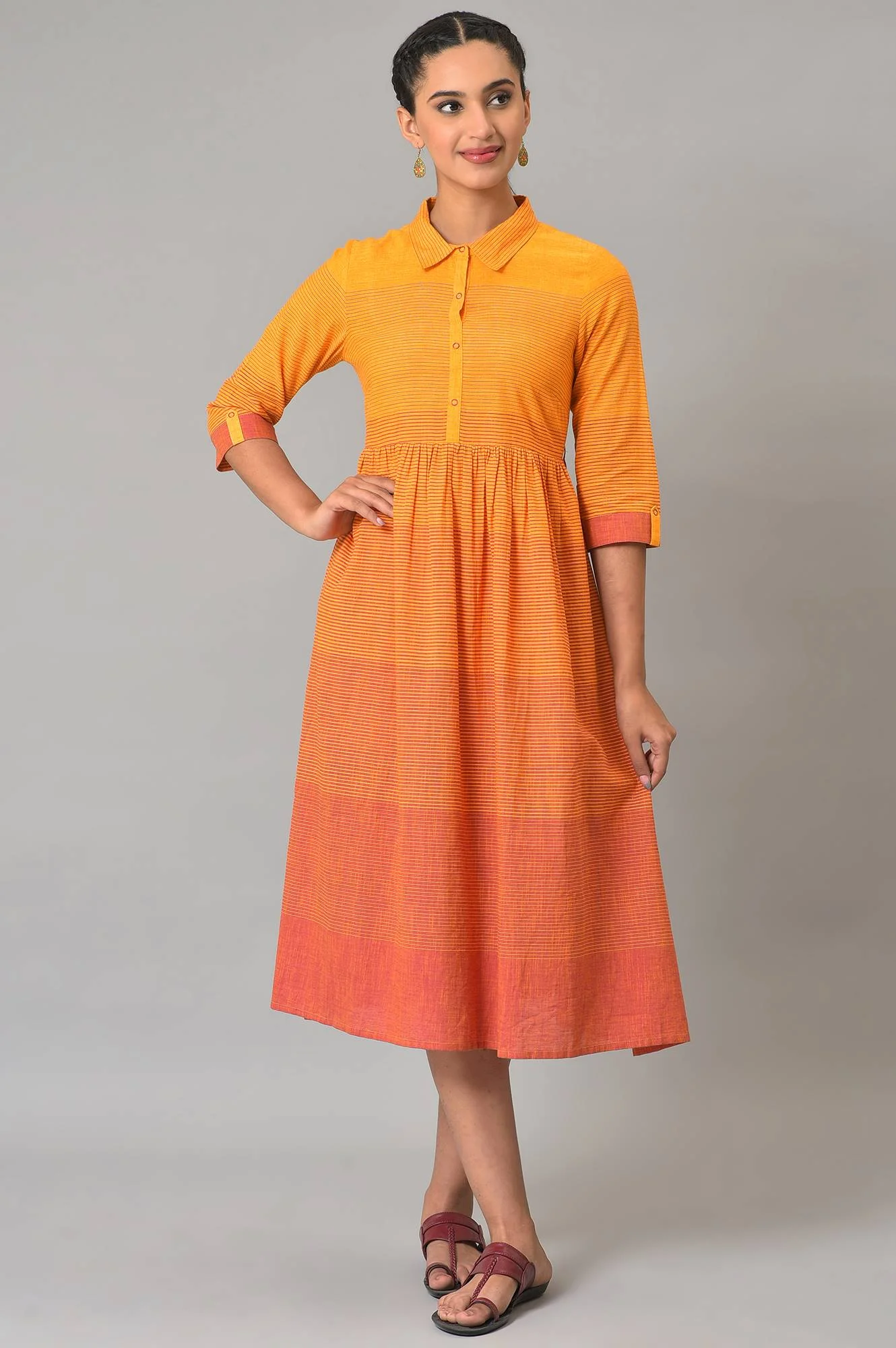 Orange Ombre Shirt Collar Summer Plus Size Dress - Image 6