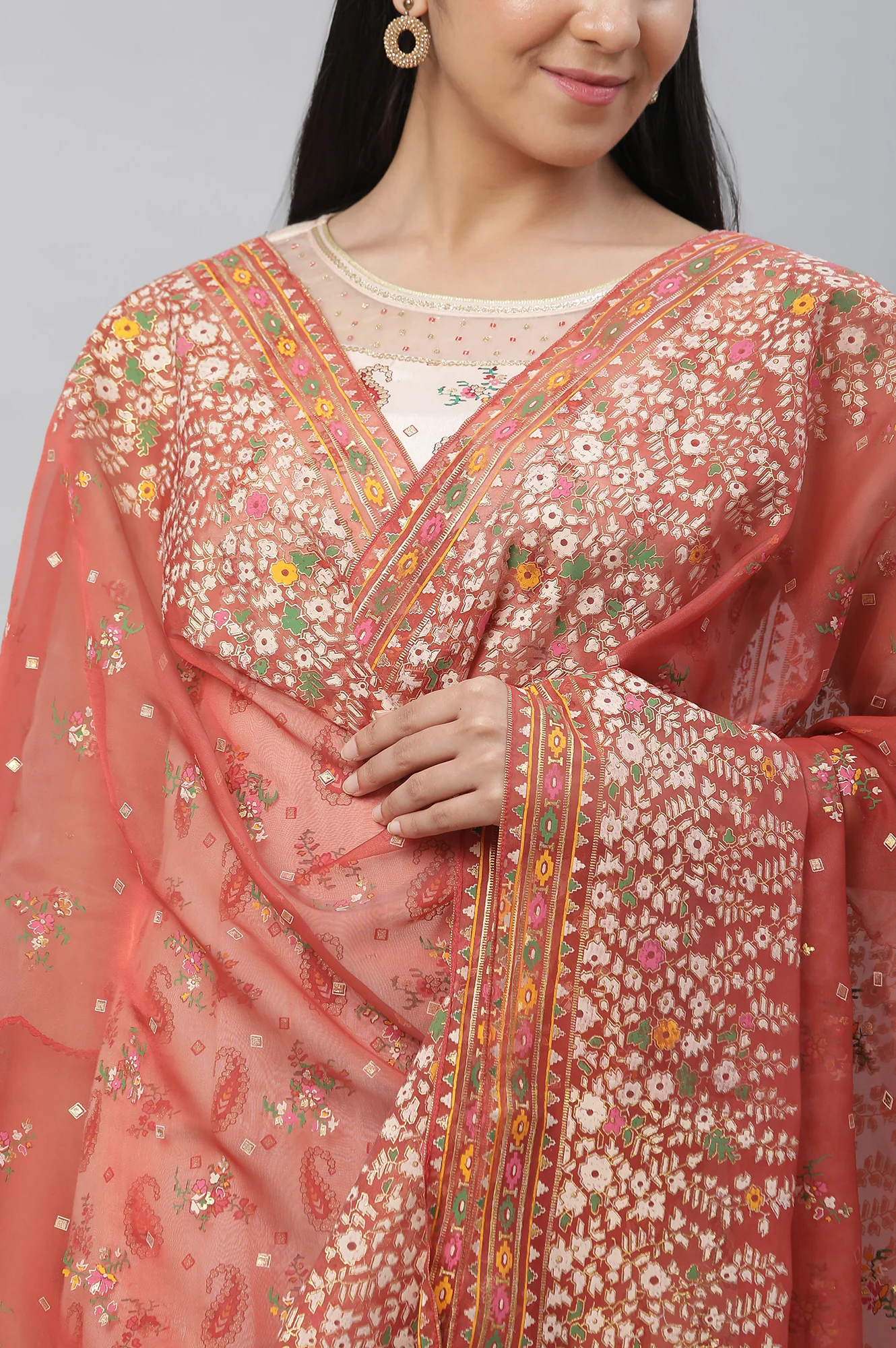 Orange Printed Organza Dupatta - Image 4
