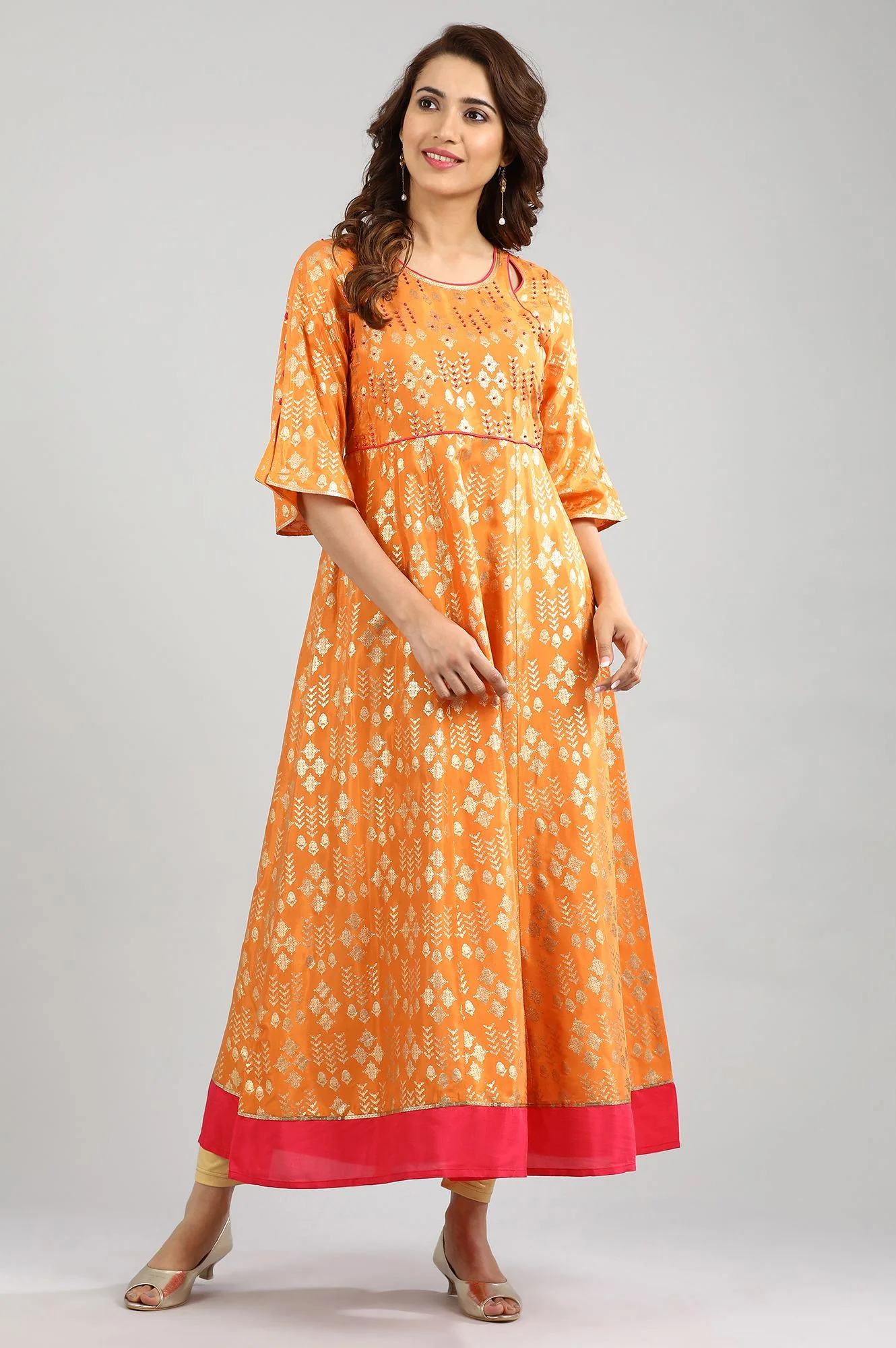 Orange Round Neck A-Line Dress - Image 2