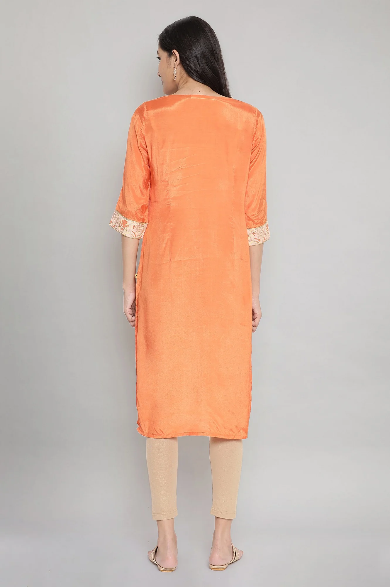 Orange Round Neck Printed Straight kurta - Image 2