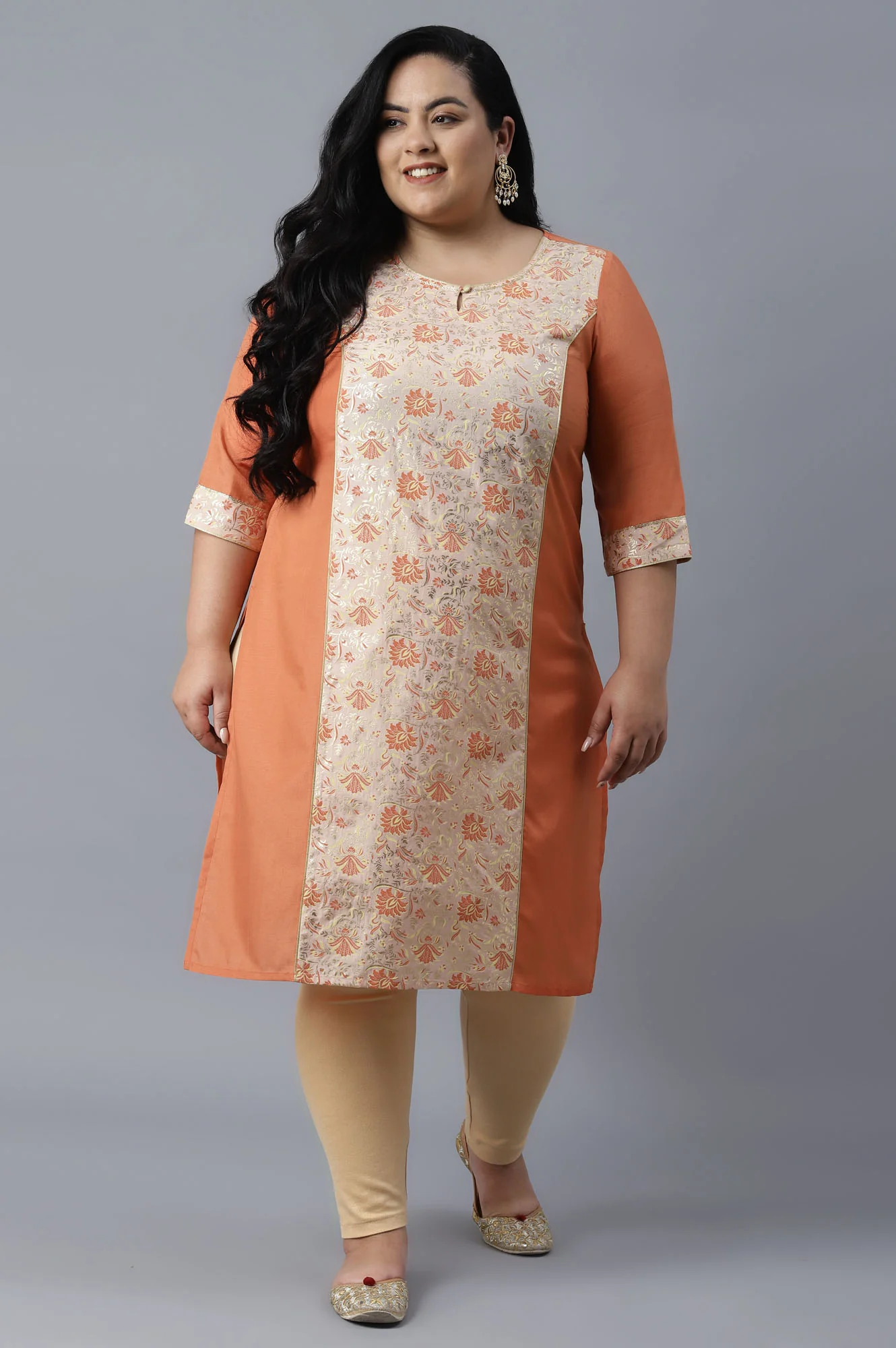 Orange Round Neck Printed Straight kurta - Image 6