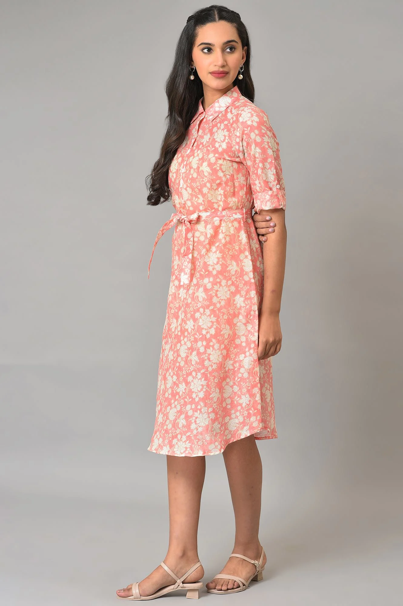 Orange Rounded Hemline Floral Printed Dress - Image 3