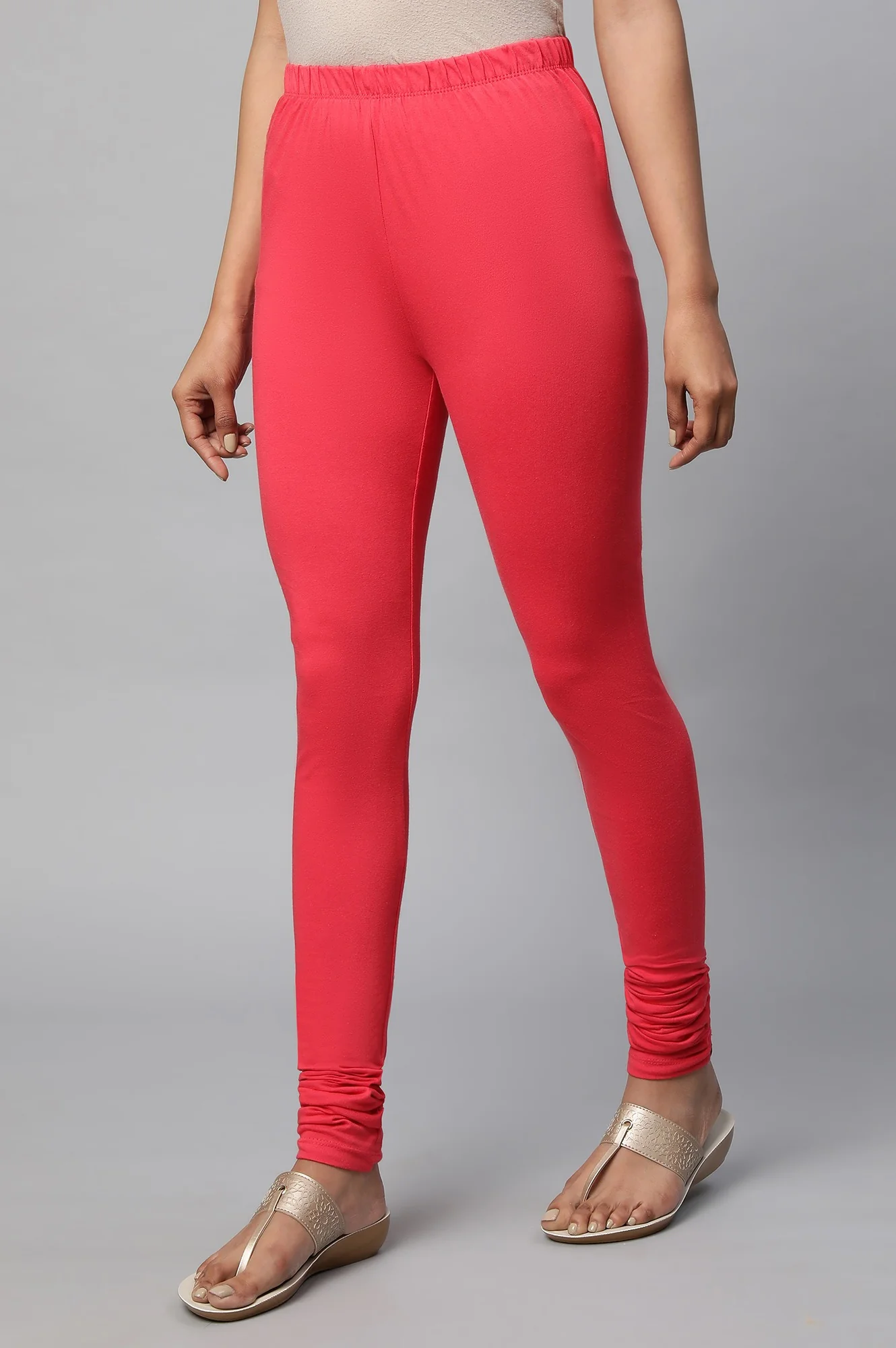Red Solid Skinny Fit Cotton Churidar With Elasticated Waistband - Image 3