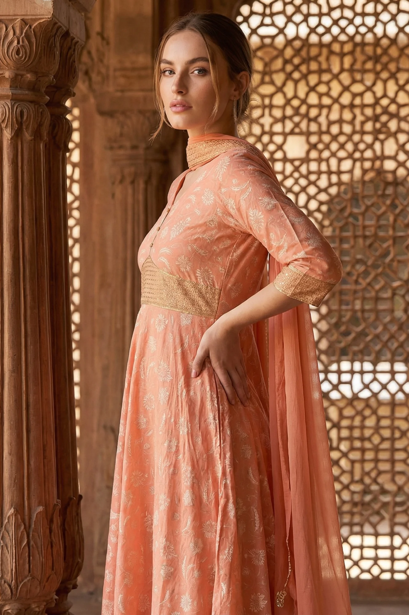Orange Zari Embroidered Dress And Dupatta - Image 3