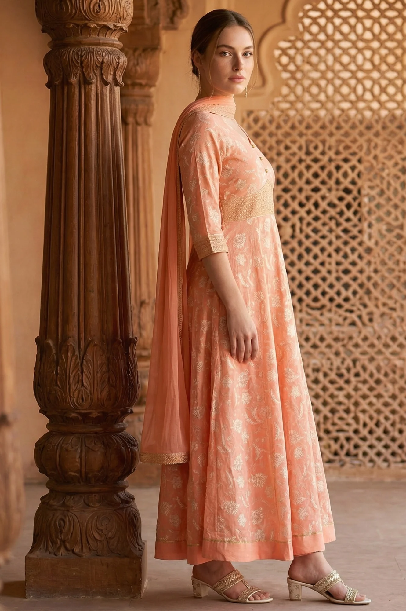 Orange Zari Embroidered Dress And Dupatta - Image 5