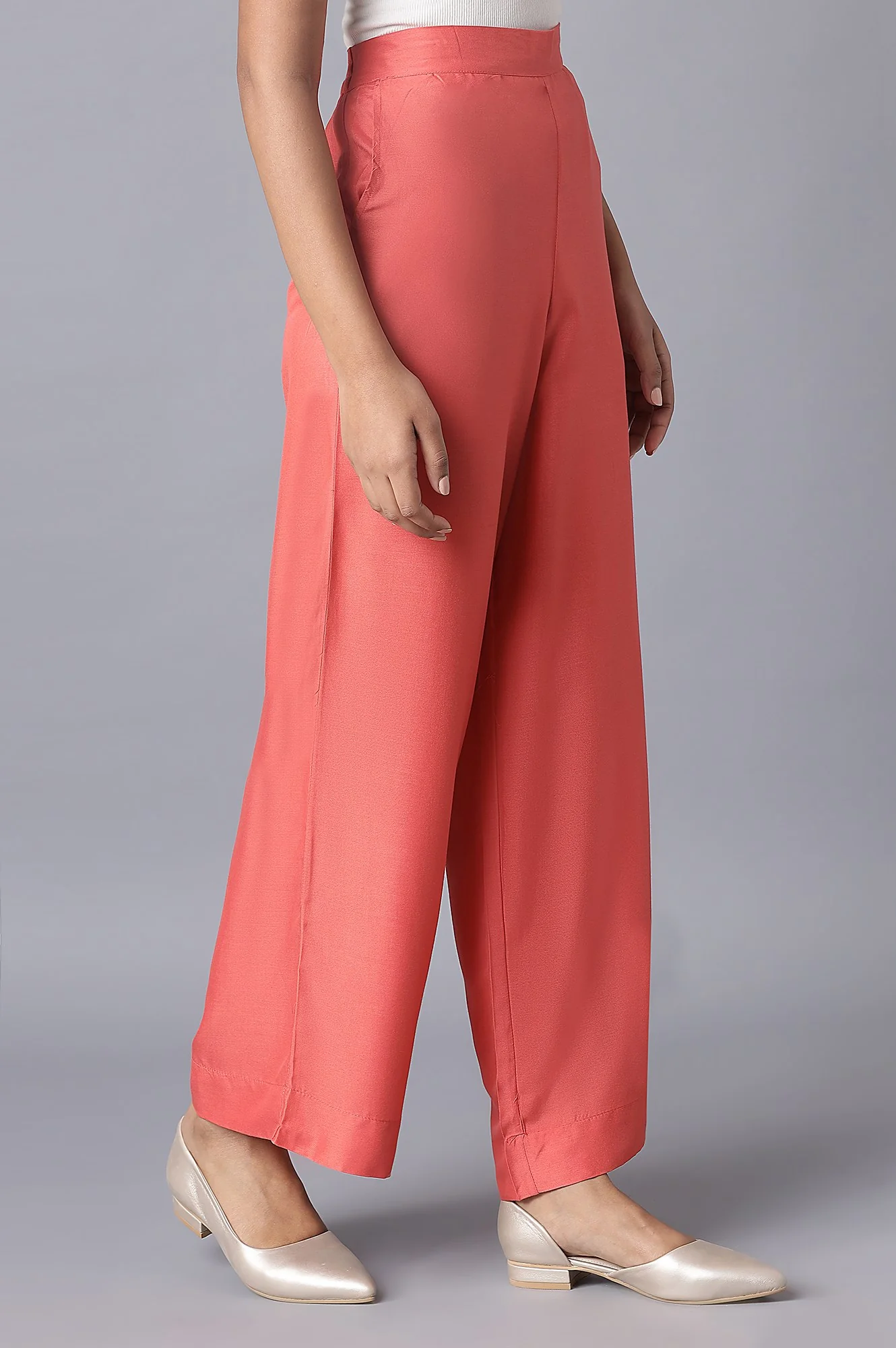 Peach Solid Straight Fit Tencel Palazzo With Elasticated Waistband - Image 4