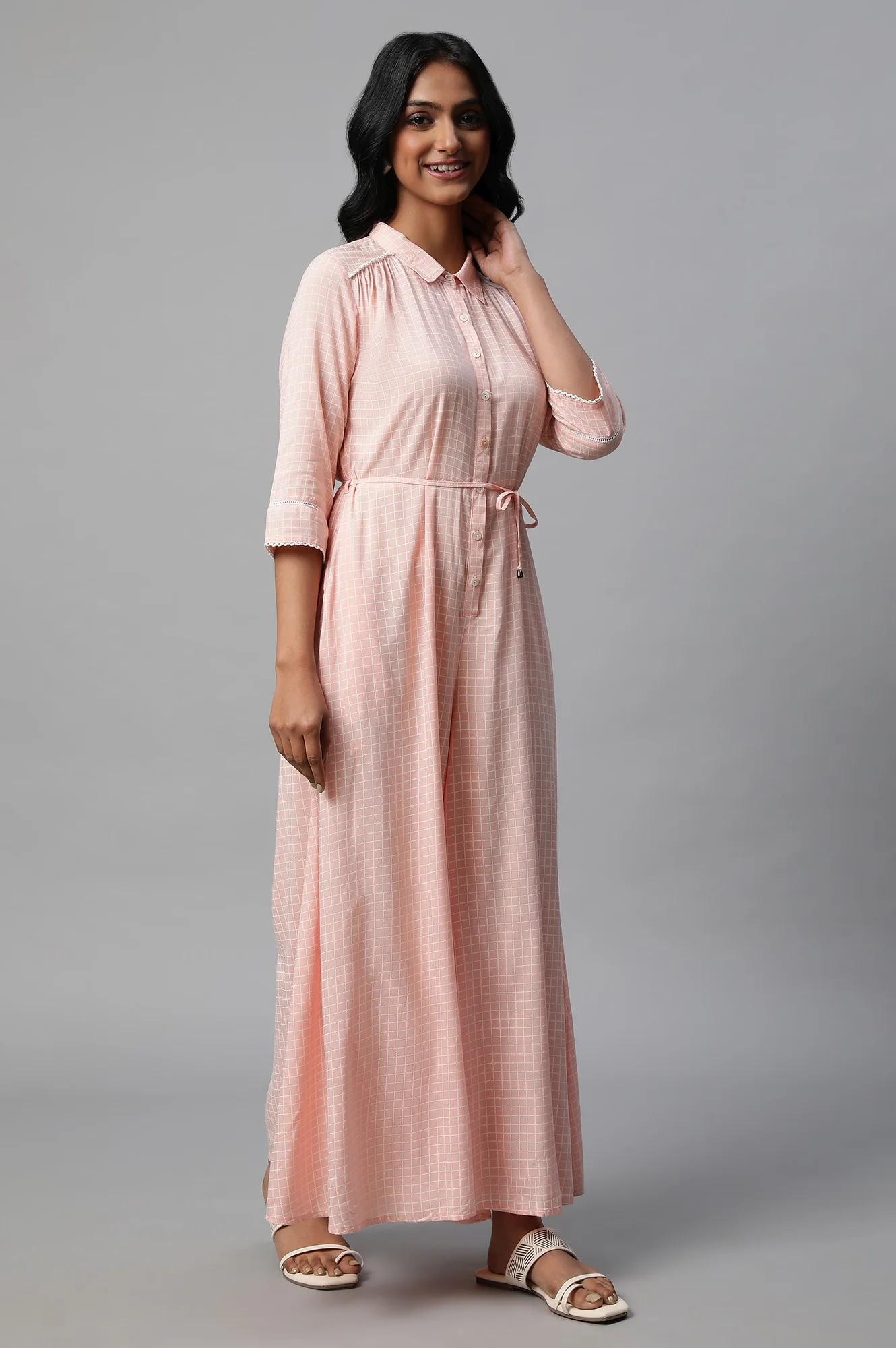 Peach Check Print Jumpsuit - Image 3