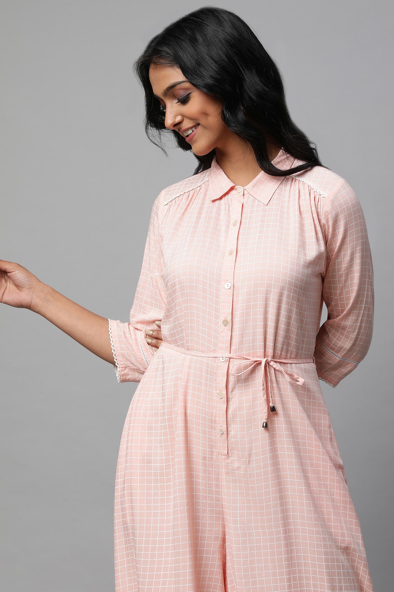 Peach Check Print Jumpsuit - Image 5