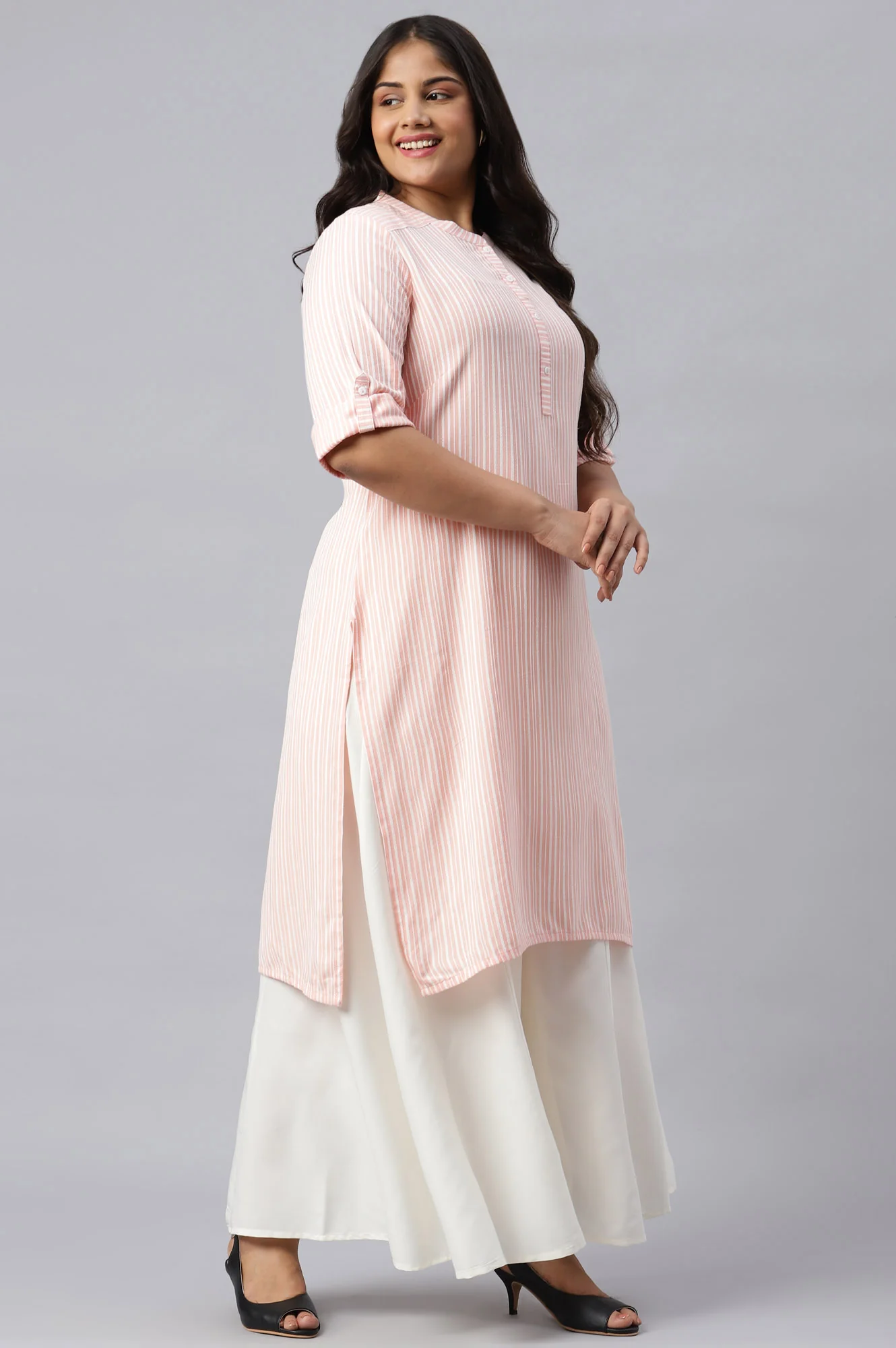 Peach Cotton Satin Plus Size kurta - Image 4