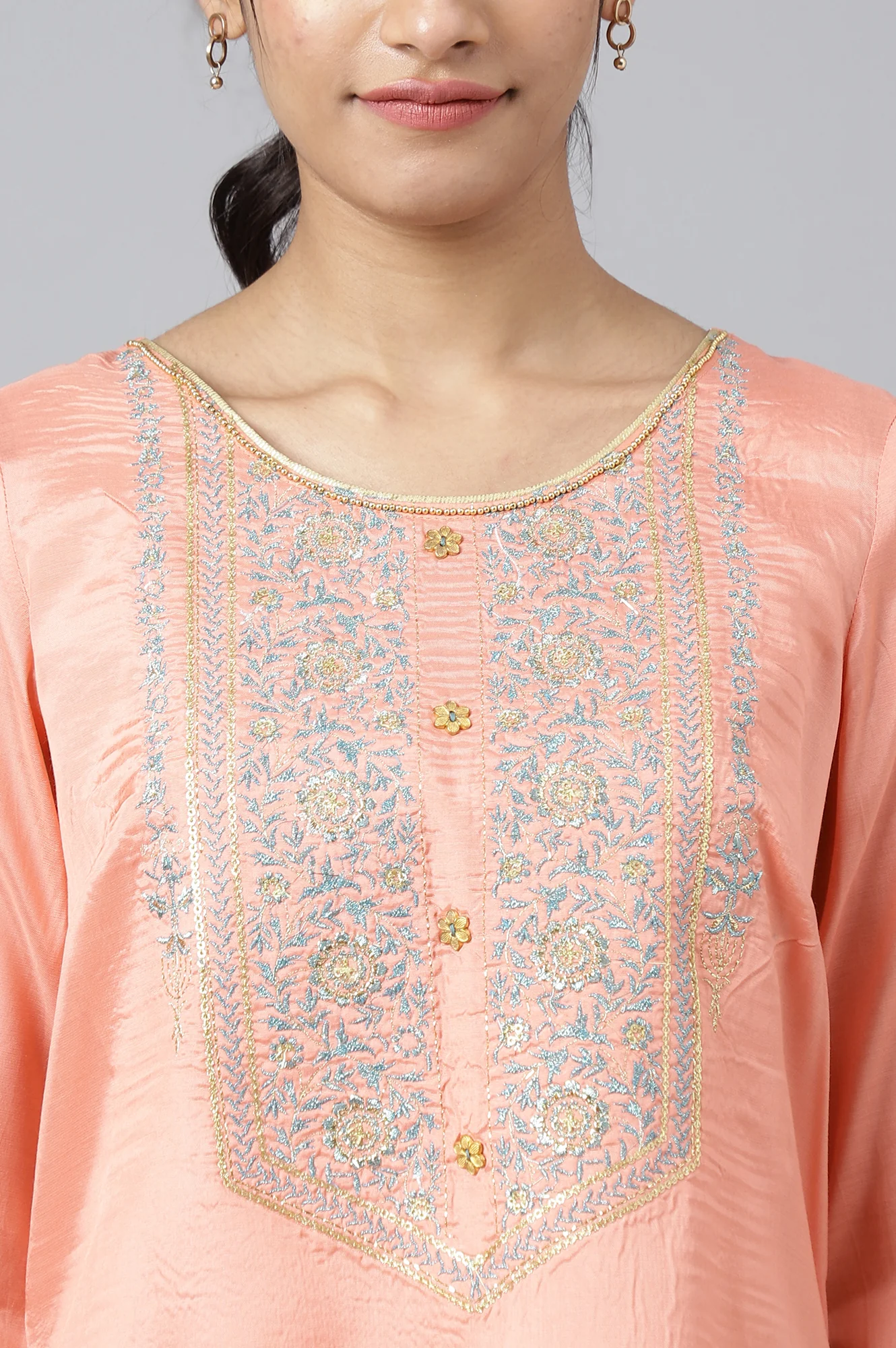 Peach Embroidered Top with Green Skirt and Dupatta - Image 10