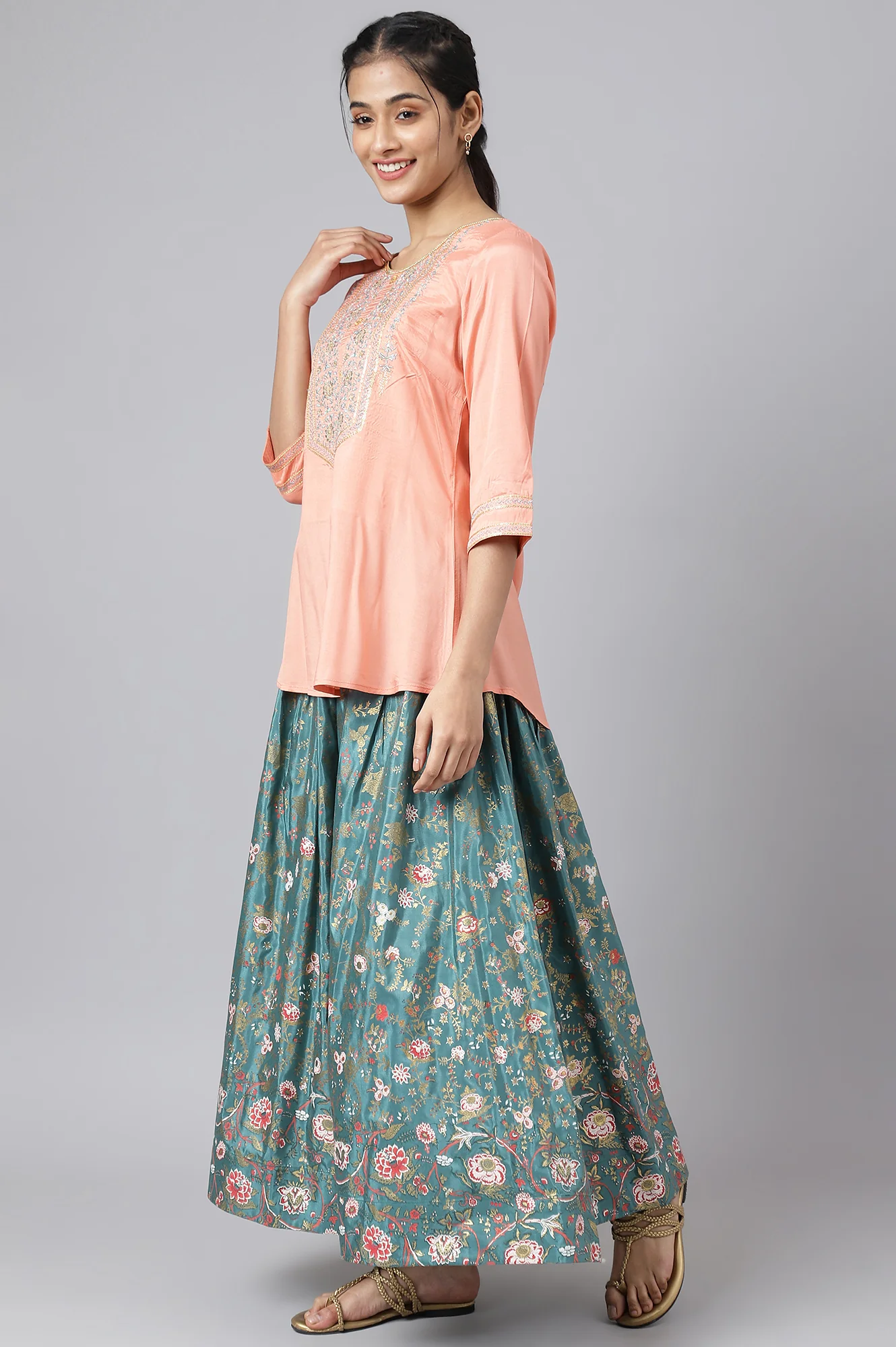 Peach Embroidered Top with Green Skirt and Dupatta - Image 5