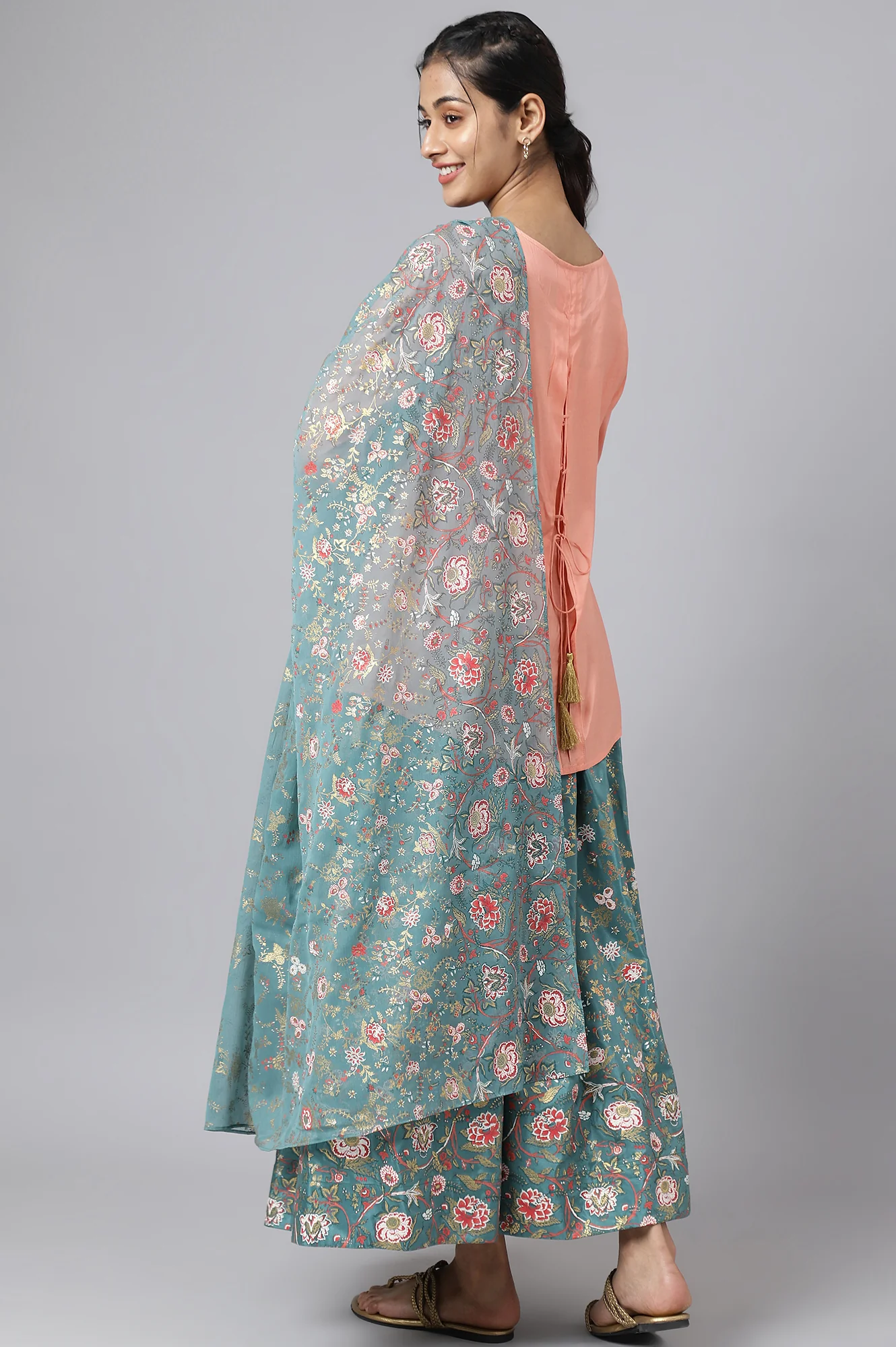 Peach Embroidered Top with Green Skirt and Dupatta - Image 6