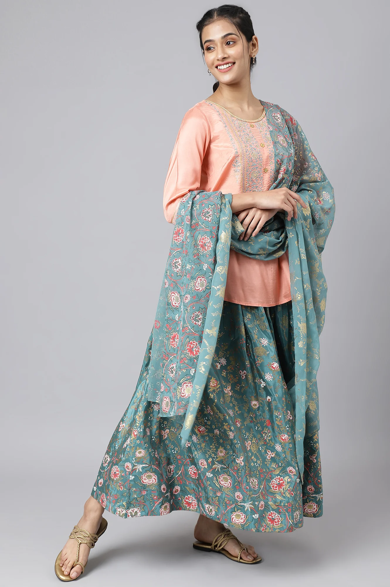 Peach Embroidered Top with Green Skirt and Dupatta - Image 7