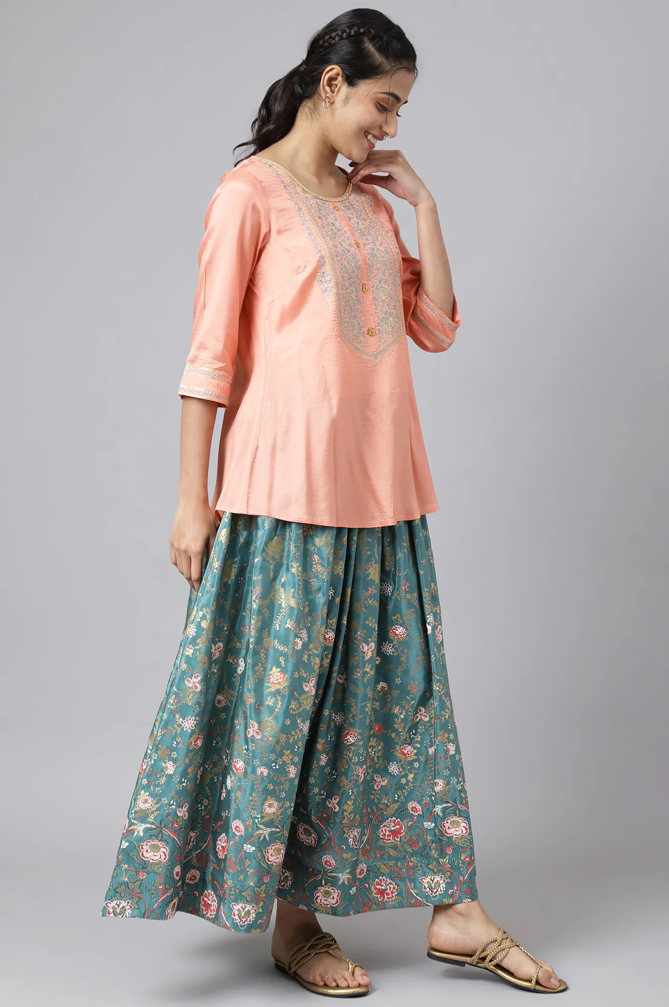 Peach Embroidered Top with Green Skirt and Dupatta - Image 8