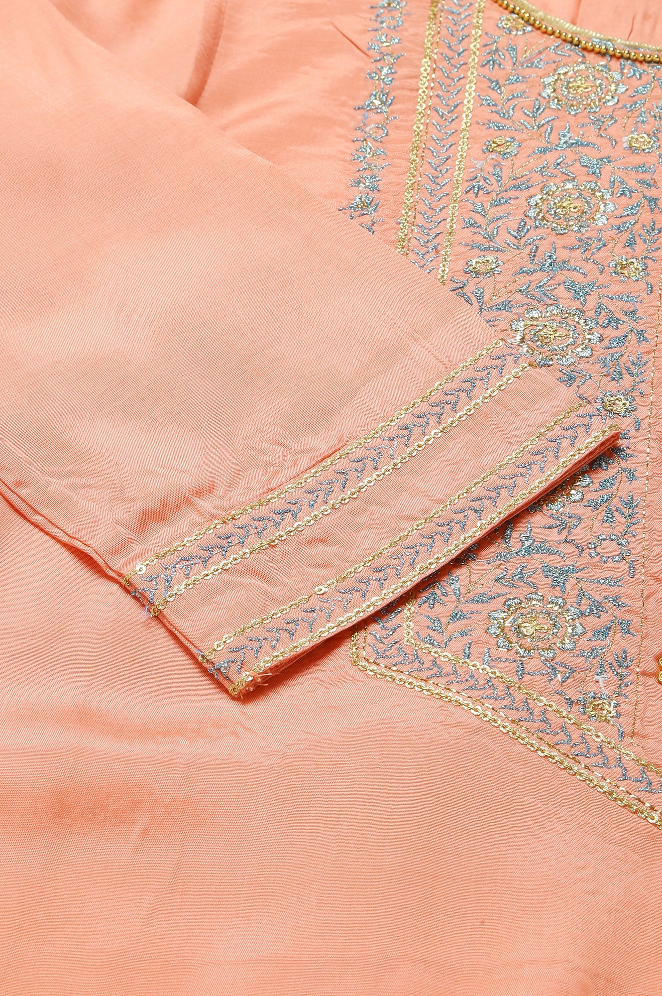 Peach Embroidered Top with Green Skirt and Dupatta - Image 9