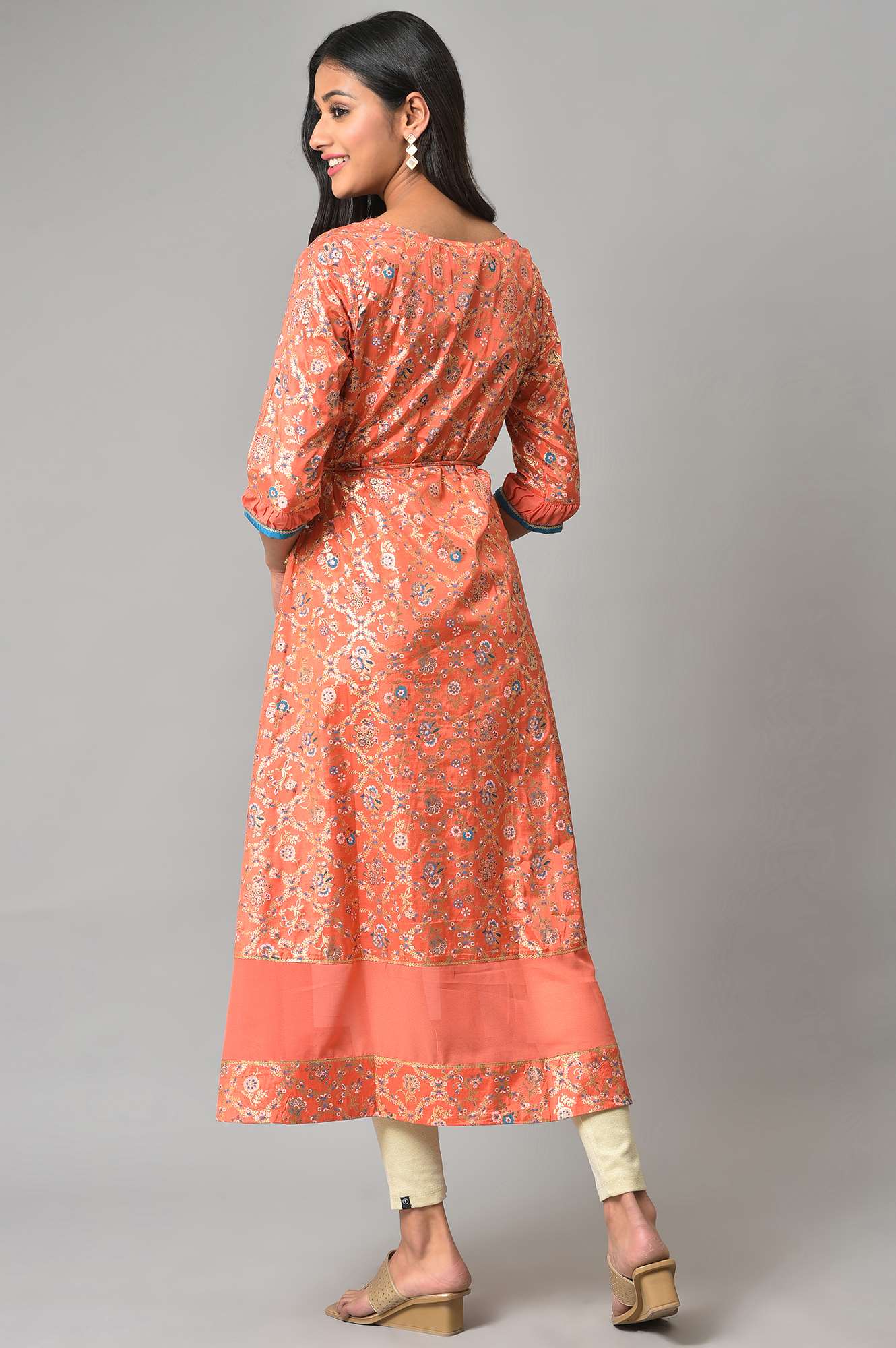 Peach Foil Printed A-Line Liva kurta - Image 2