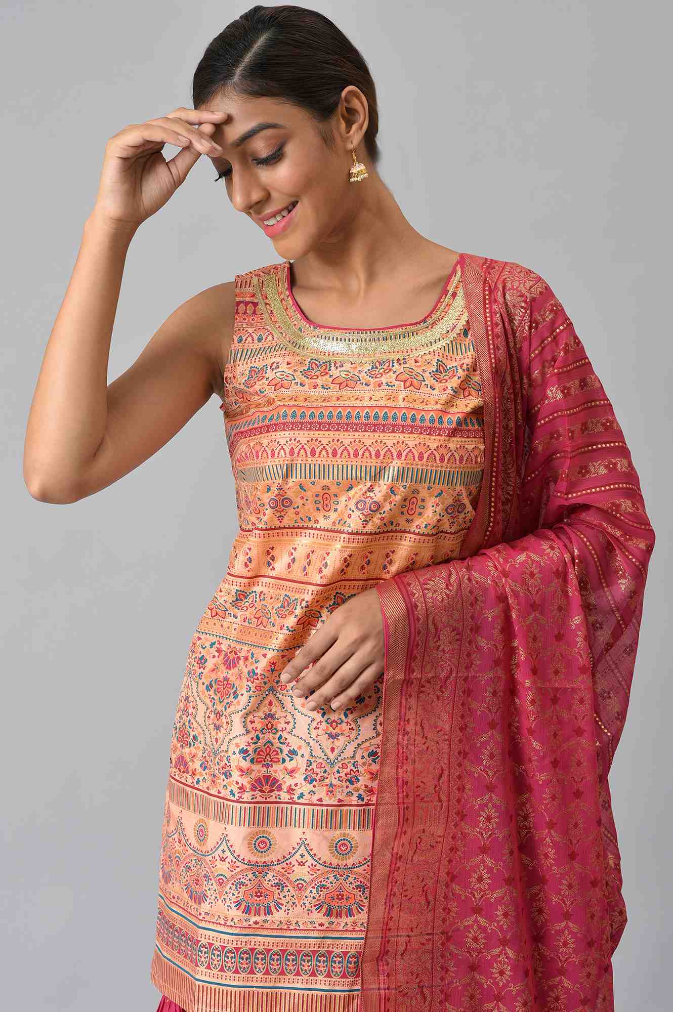 Peach Foil Printed Sleeveless kurta with Pink Sharara and Dupatta - Image 7