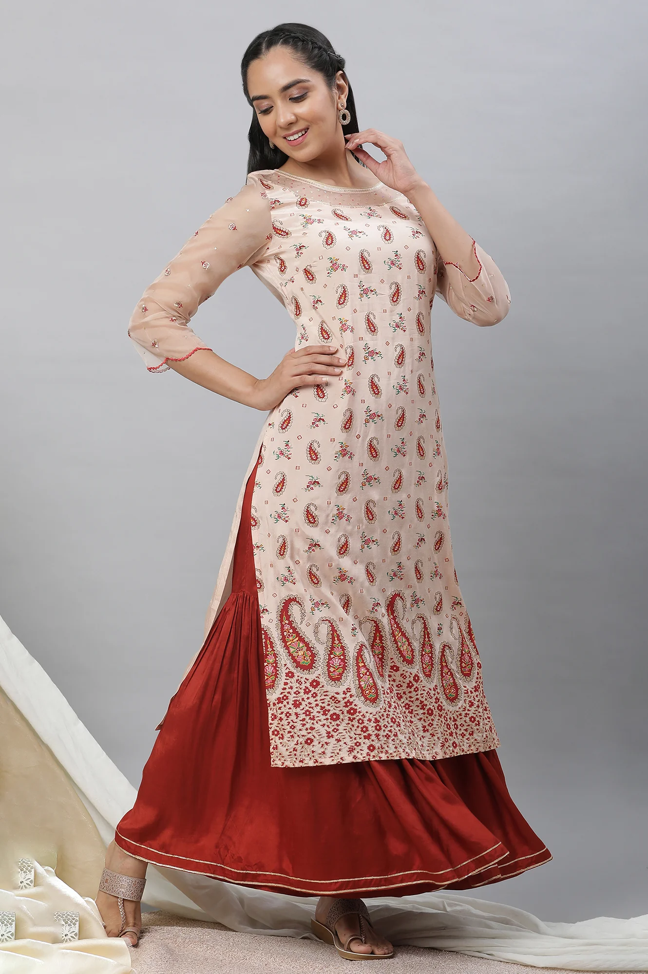 Peach Printed Cotton Straight Festive Kurta - Image 2