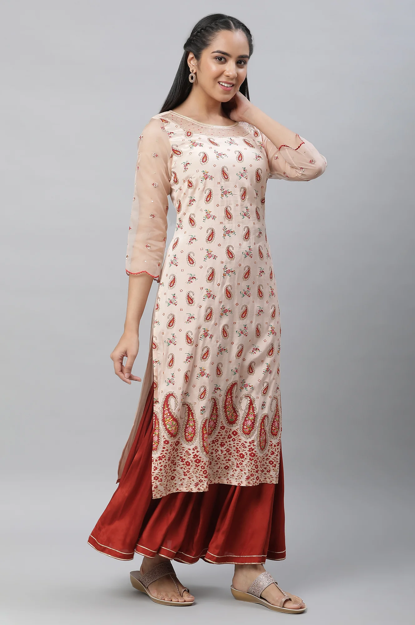 Peach Printed Cotton Straight Festive Kurta - Image 6