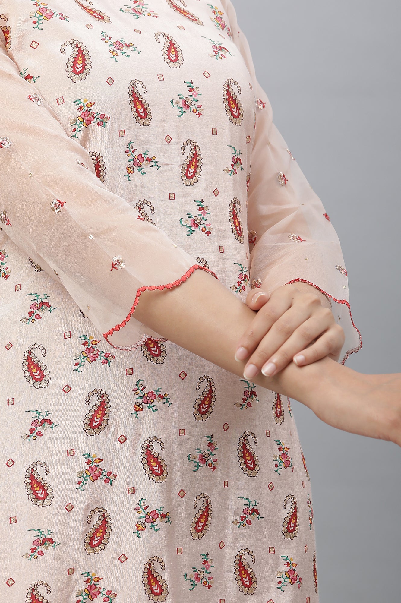 Peach Printed Cotton Straight Festive Kurta - Image 8