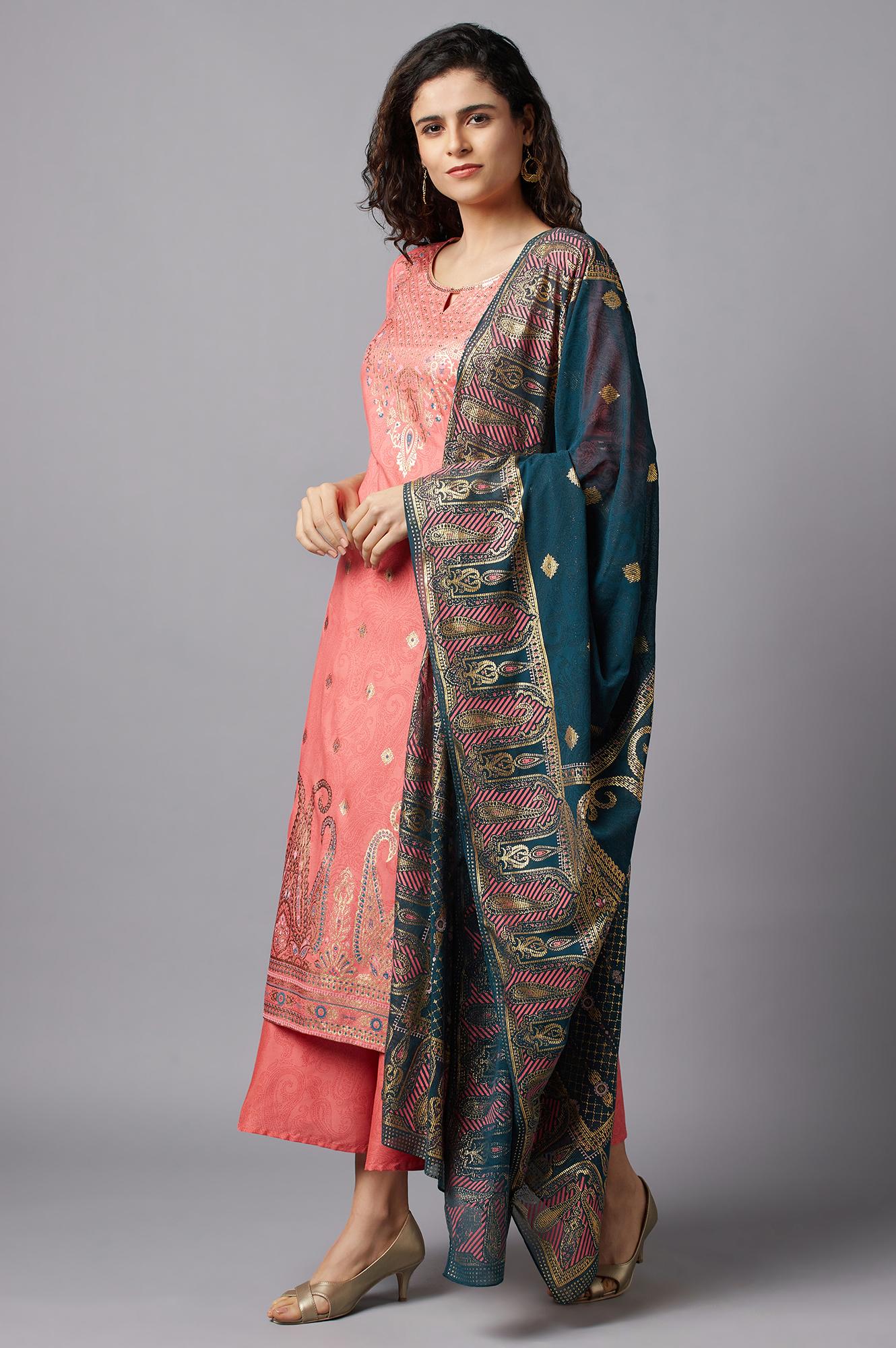 Peach Printed kurta Culottes and Dupatta Set - Image 3