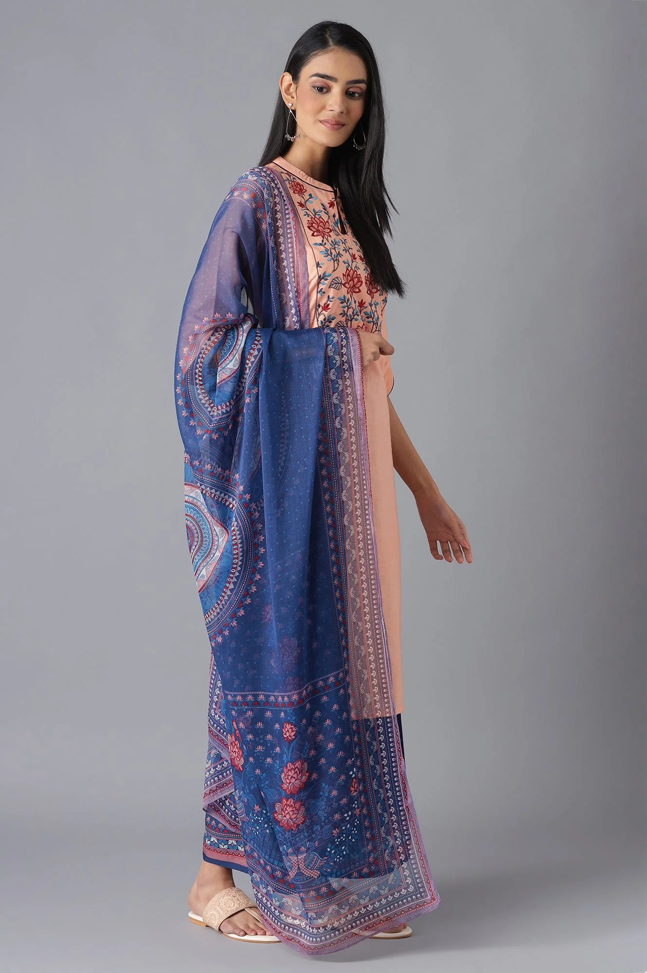 Peach Printed kurta, Palazzo and Dupatta Set - Image 4