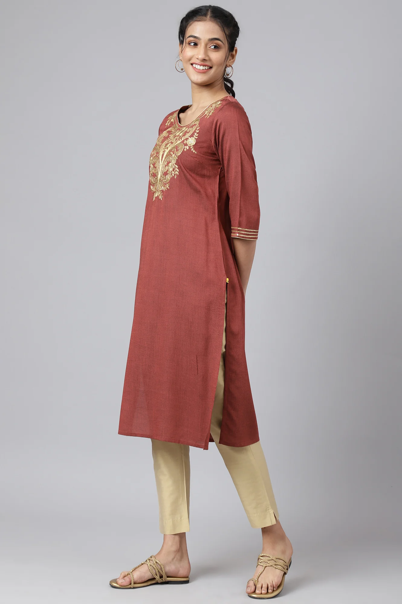 Peach Rayon Dori Embroidered kurta - Image 3