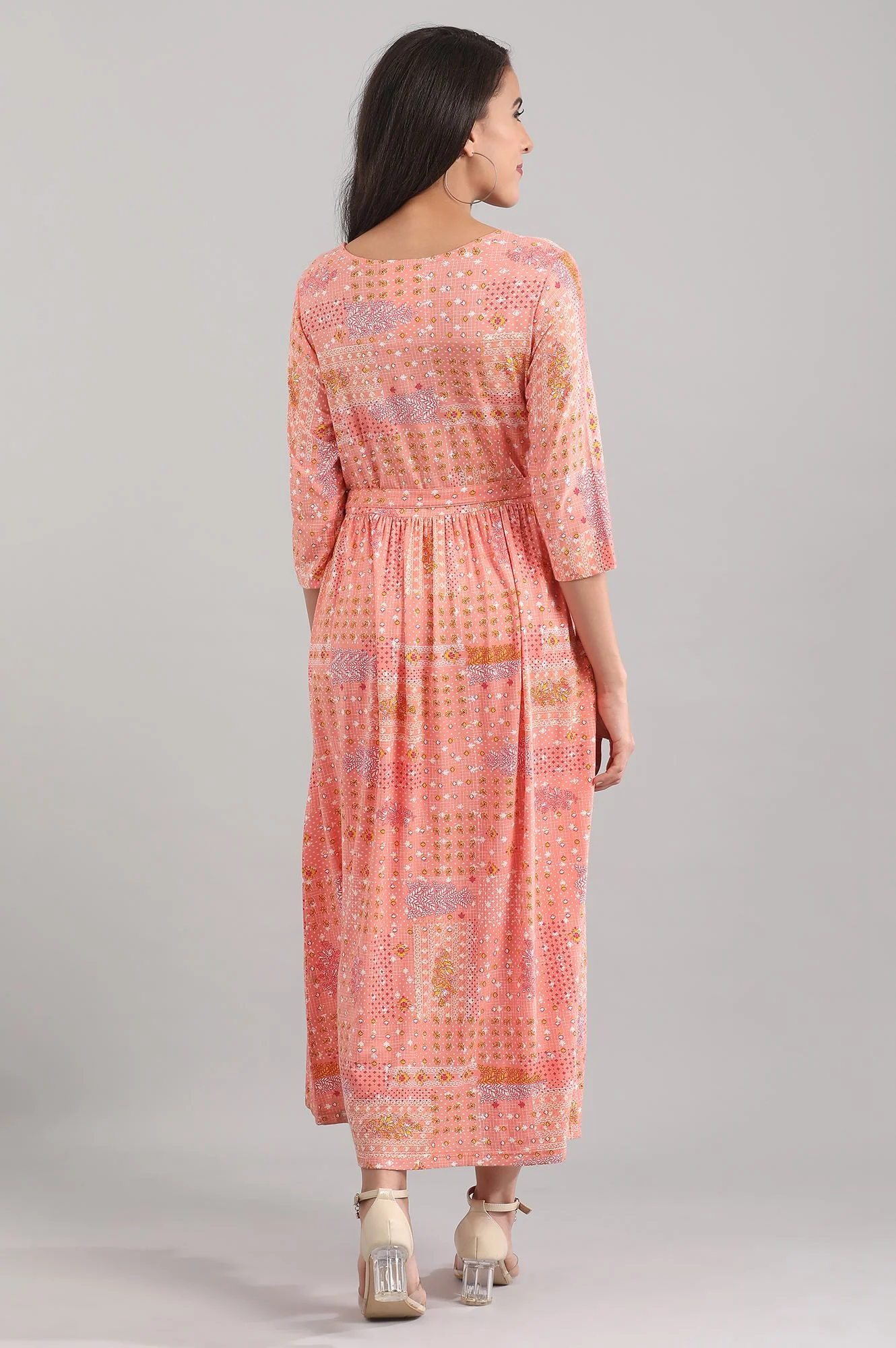 Peach Round Neck Floral Print Liva Dress - Image 2