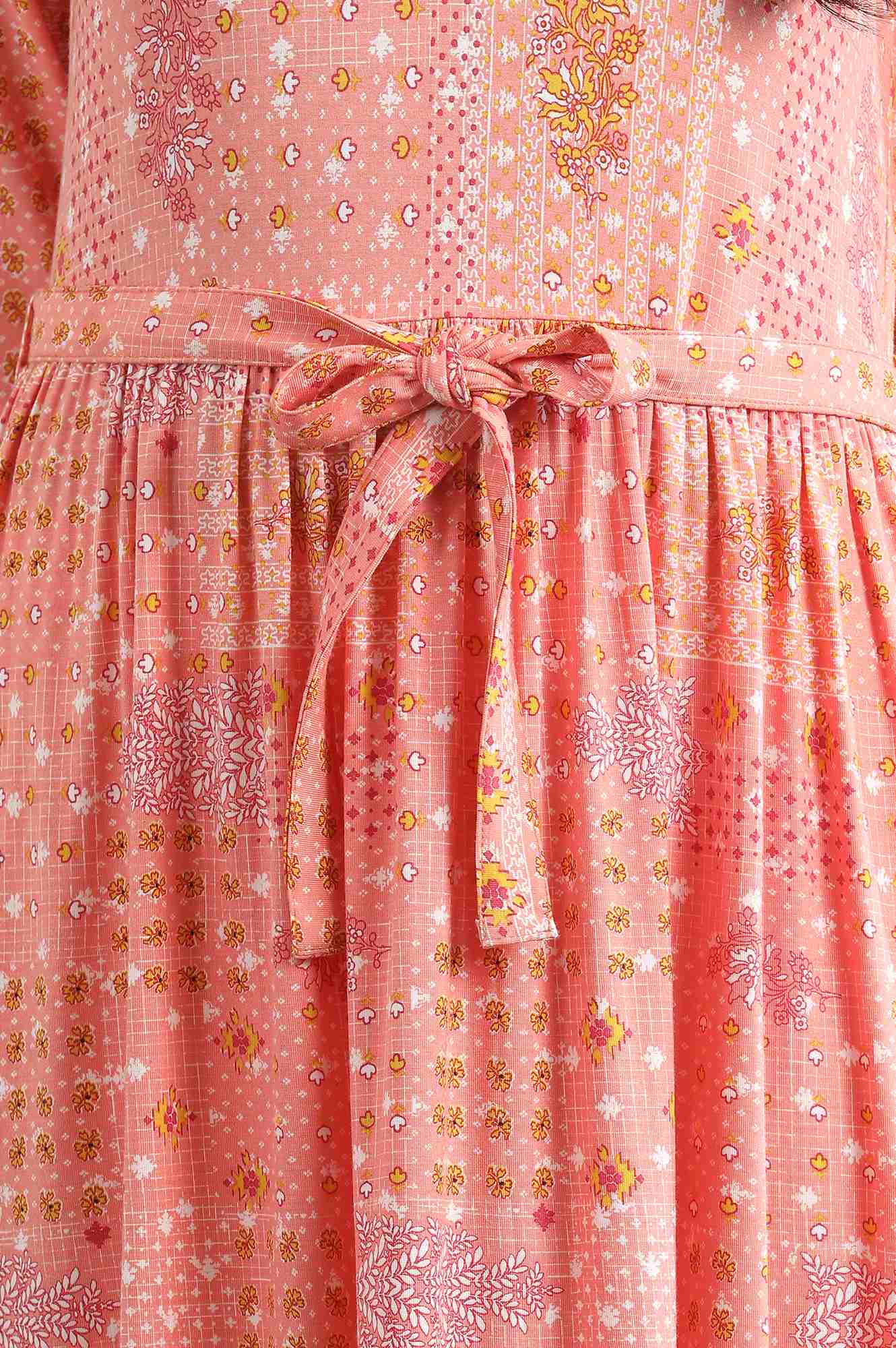 Peach Round Neck Floral Print Liva Dress - Image 6