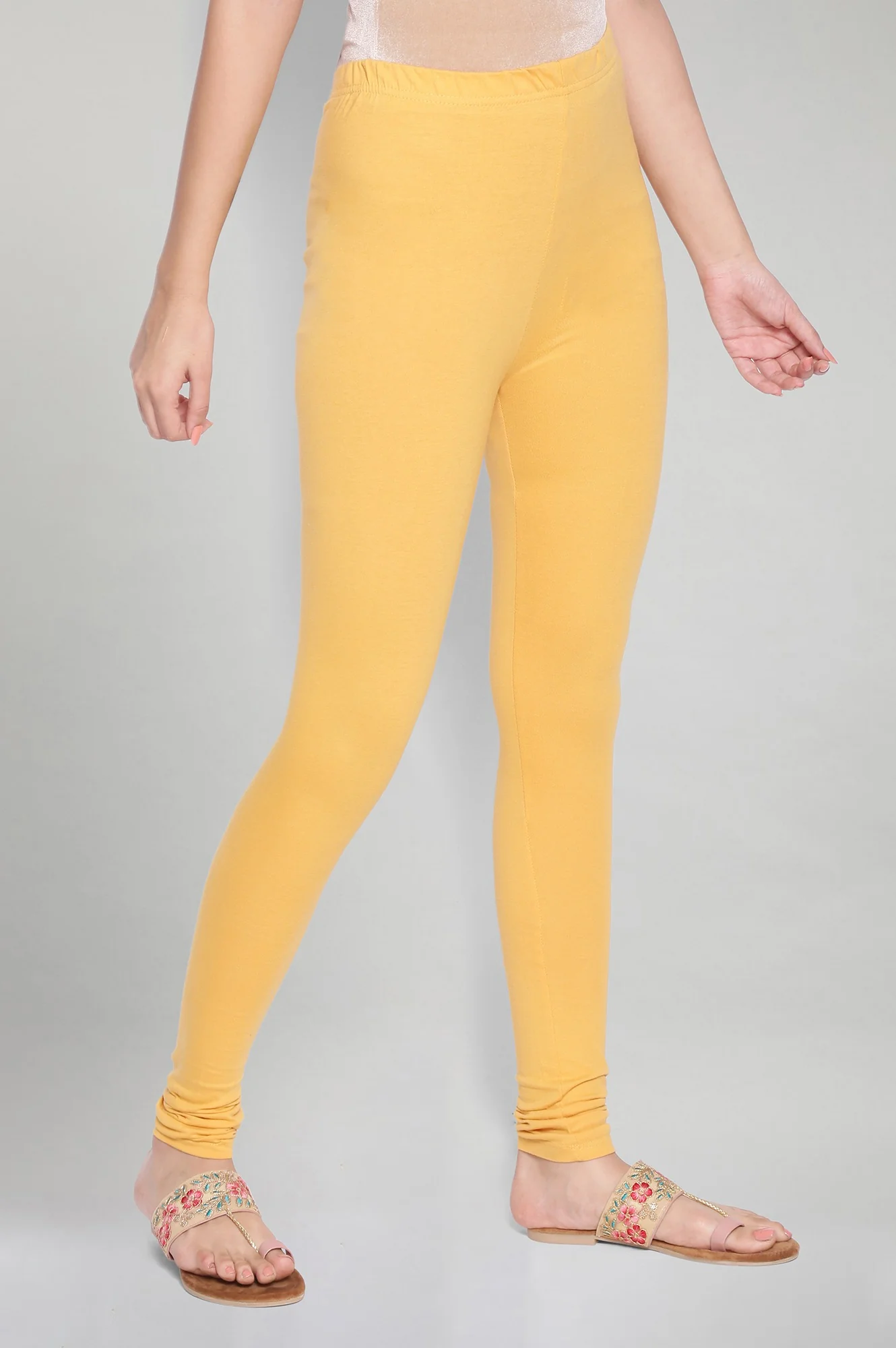 Yellow Solid Knitted Women Churidar - Image 4