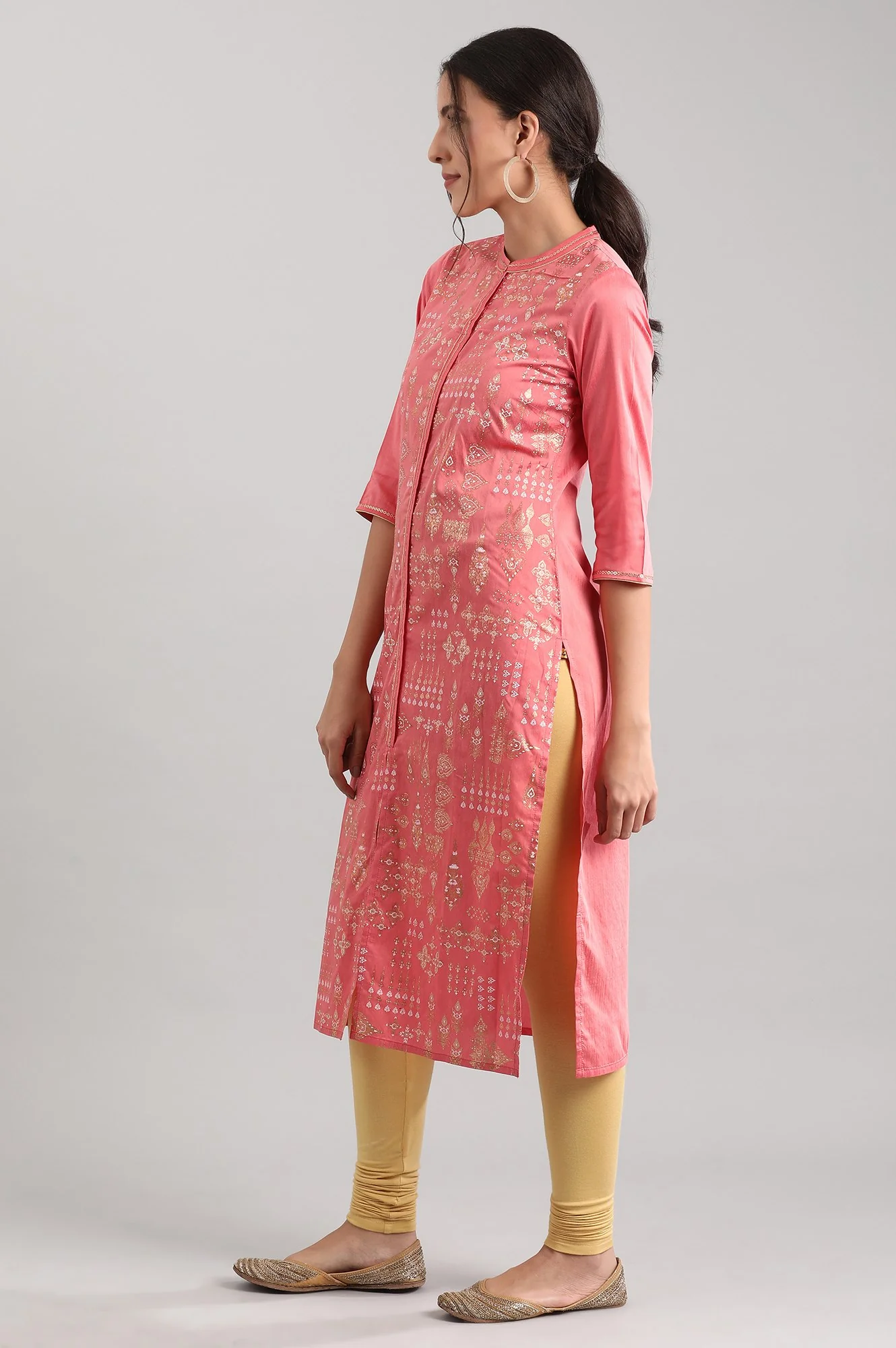 Pink Band Collar Printed kurta - Image 3
