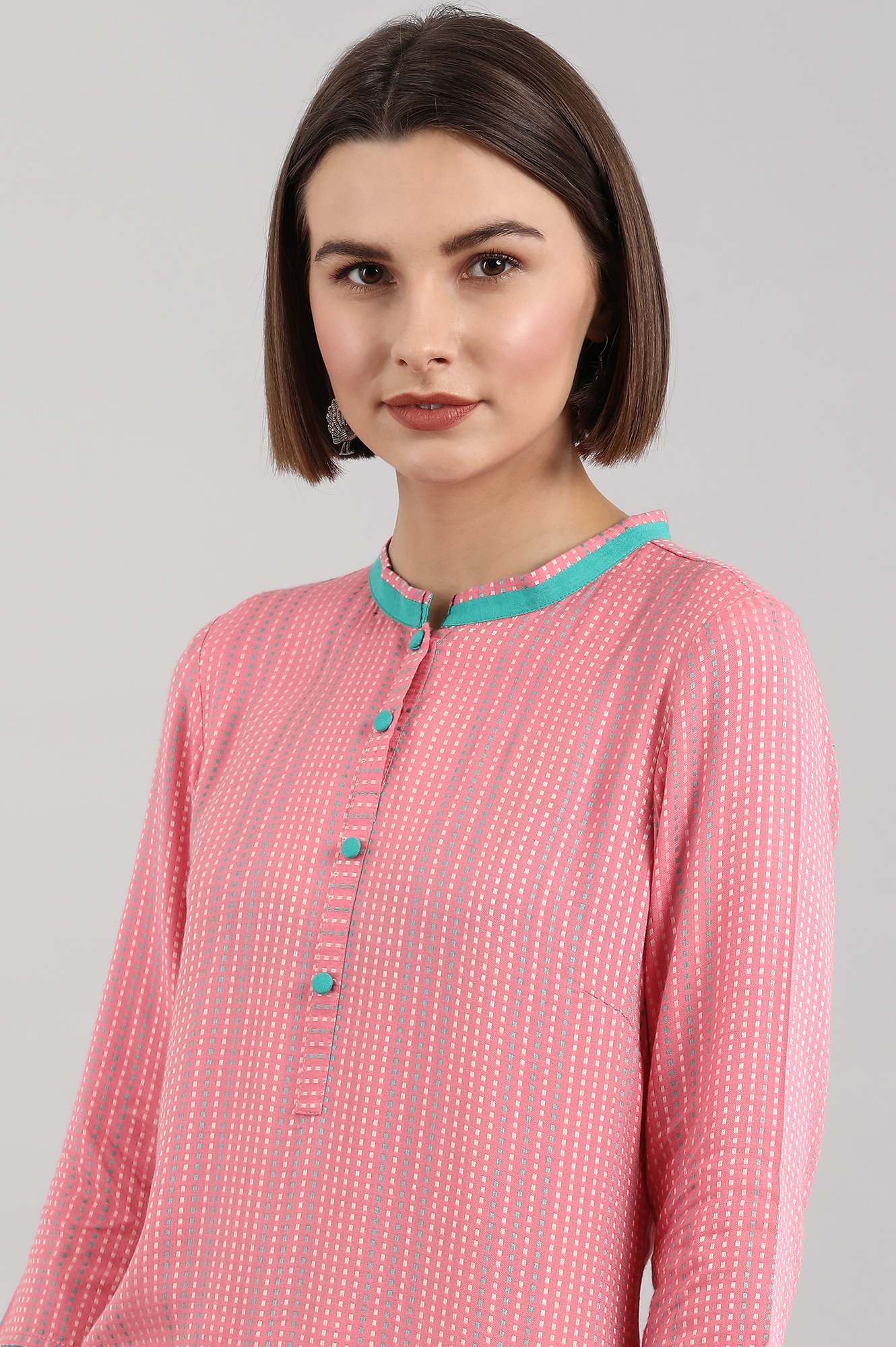Pink Band Collar Yarn-dyed Liva kurta - Image 5