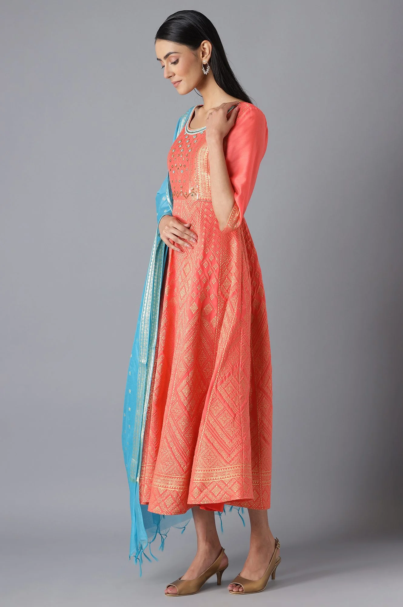Pink Bead Work Dress and Dupatta Set - Image 3