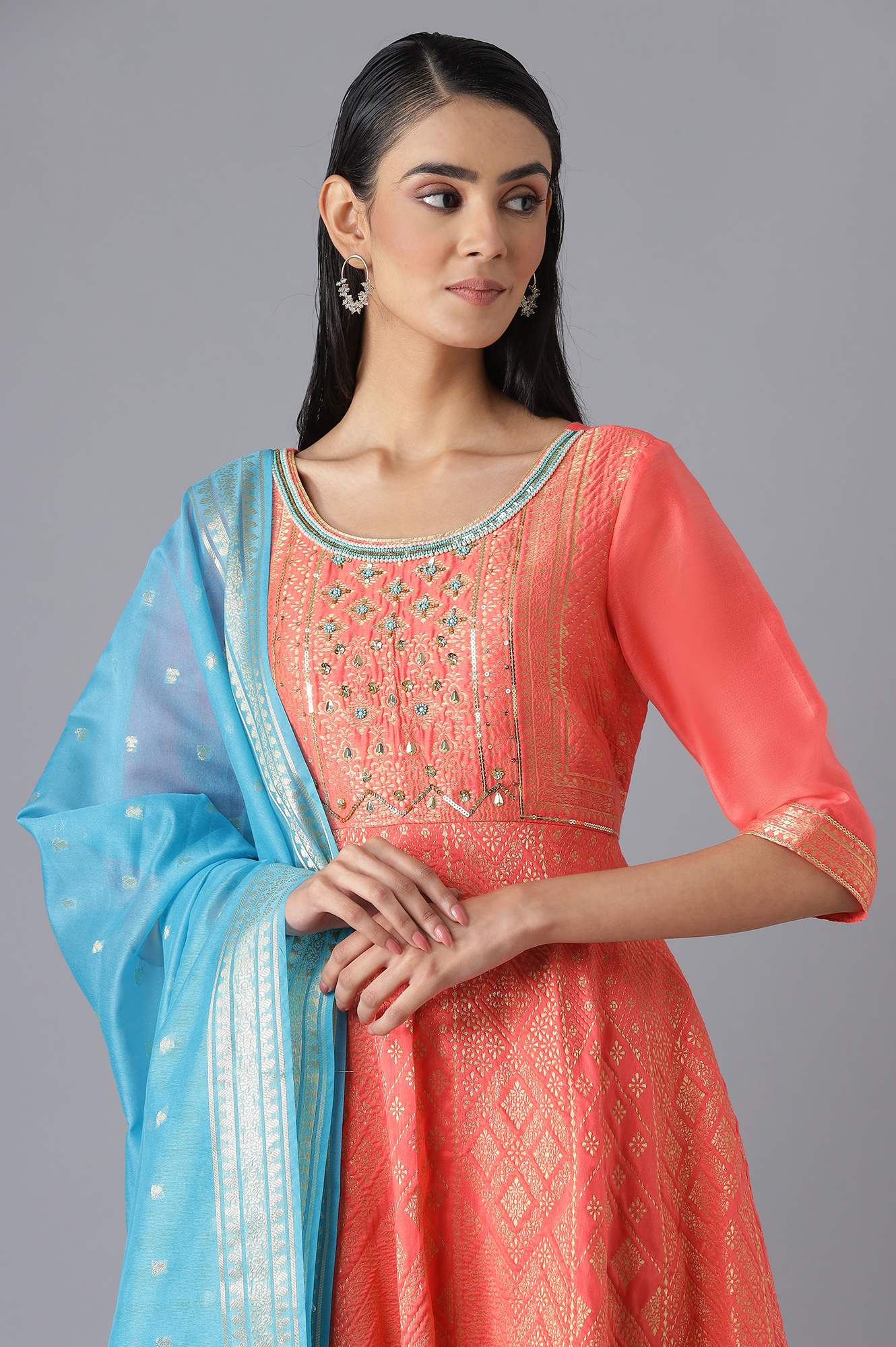 Pink Bead Work Dress and Dupatta Set - Image 5