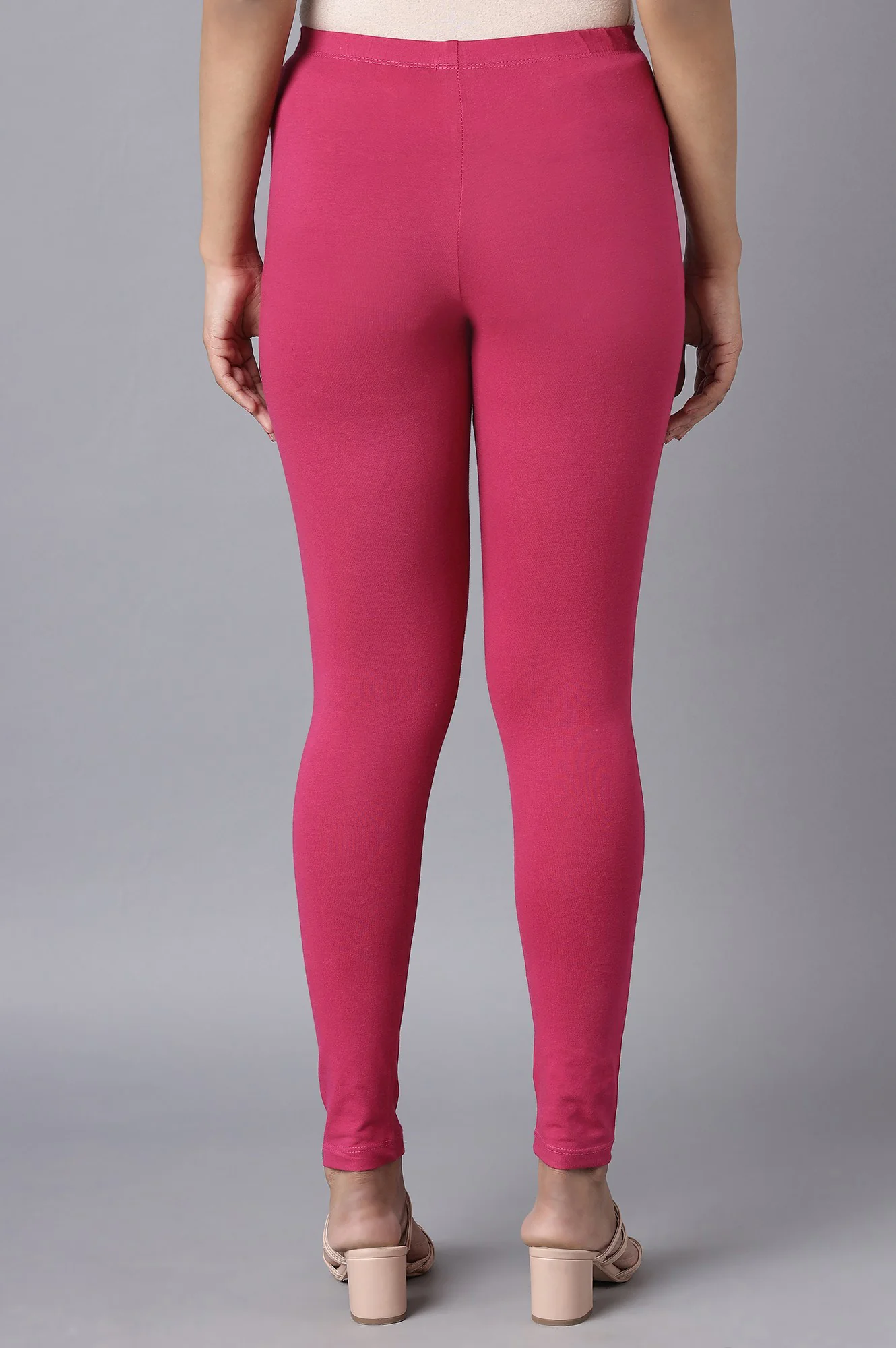 Pink Solid Skinny Fit Cotton Tights With Elasticated Waist - Image 2